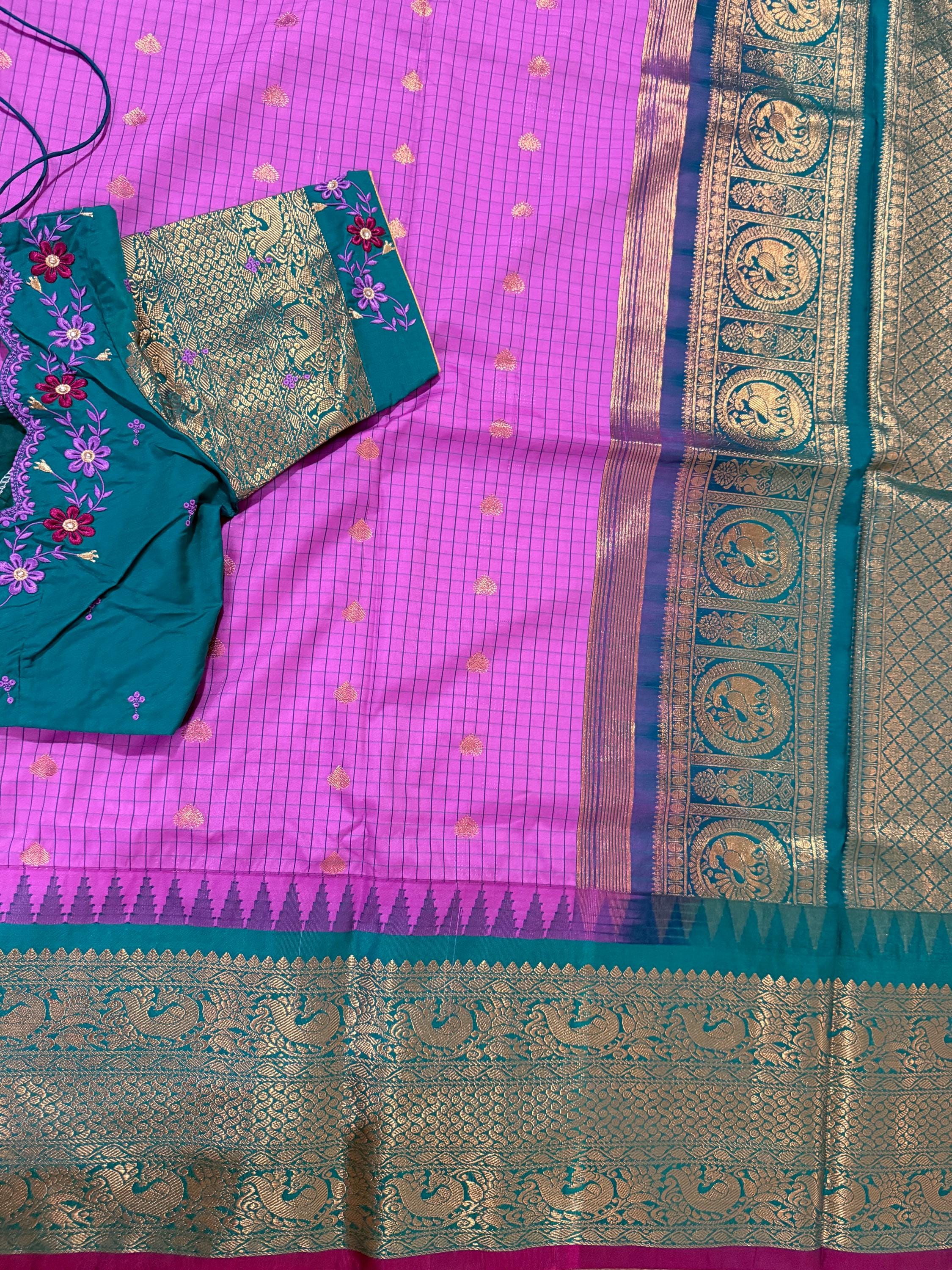 Gadwal Handloom pure silk sarees in rare colors and ready to wear blouse with embroidered blouse fits up to 32 -46 saree is ready fall pico