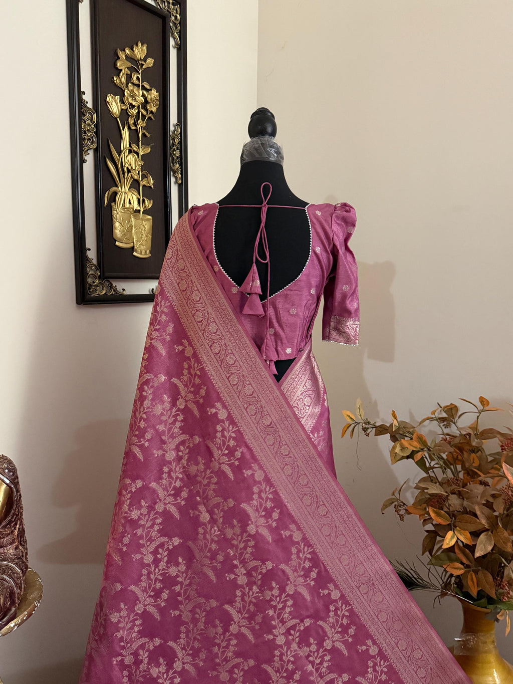 Beautiful banarasi saree with silver Zari weaving all over the saree paired up with pretty ready to wear  blouse that fits to 32 to 46