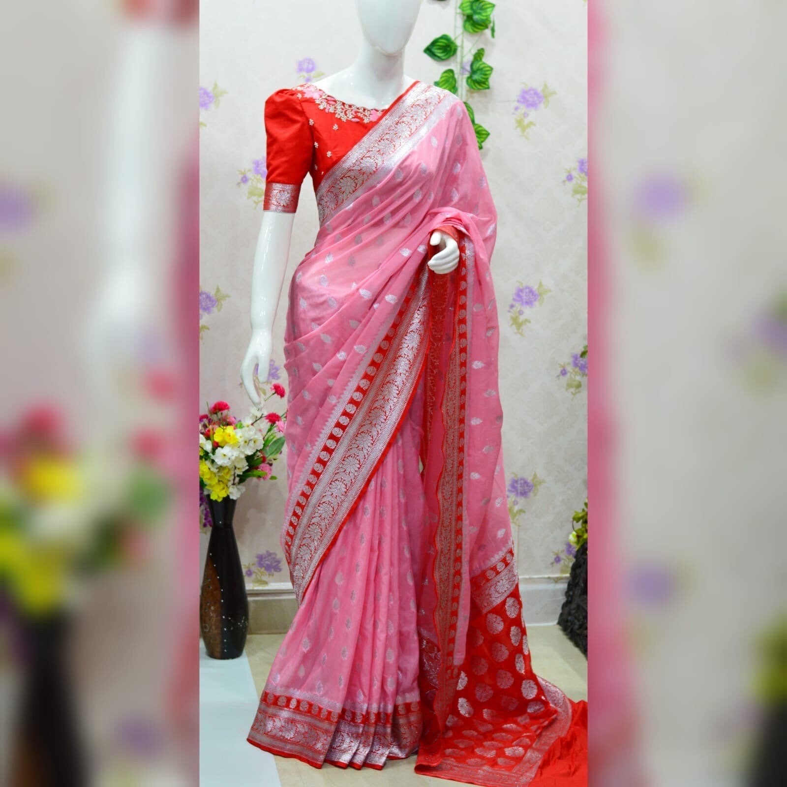 Beautiful banarasi saree paired up with pretty maggam work blouse.