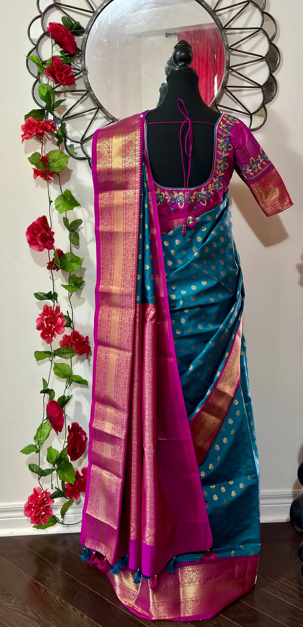 Kanchipuram soft silk saree in rare colors with beautifully done hand  made embroidered blouse with ready to wear work blouse fits 32 to 46