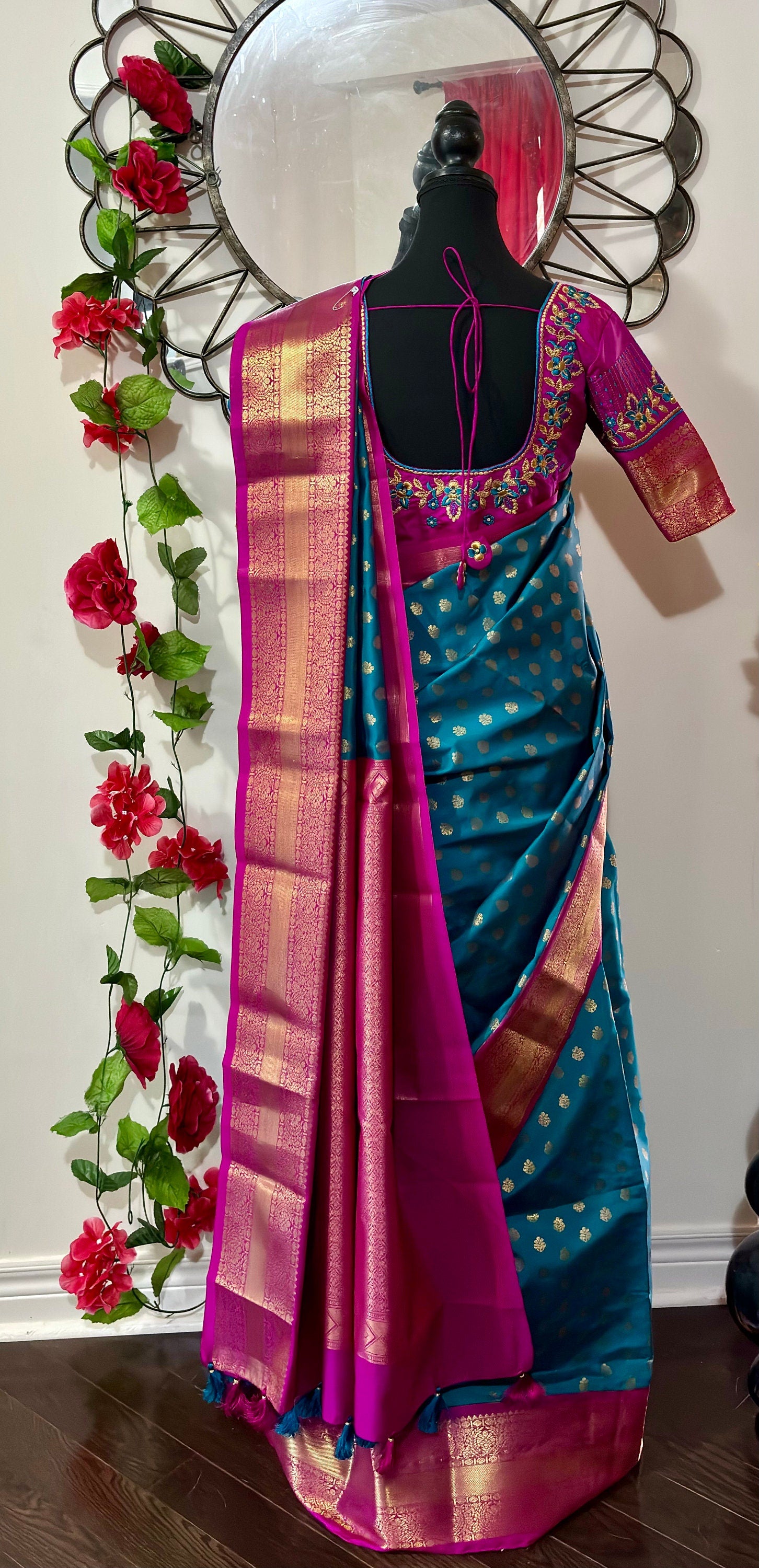 Kanchipuram soft silk saree in rare colors with beautifully done hand  made embroidered blouse with ready to wear work blouse fits 32 to 46
