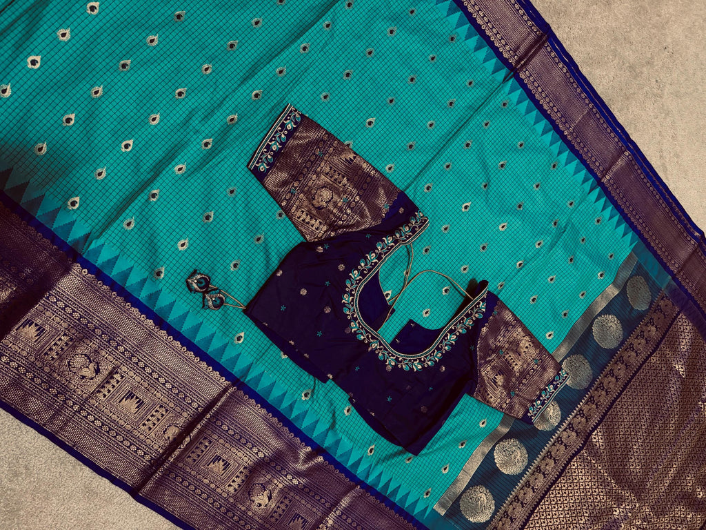 Gadwal Handloom pure silk sarees in rare colors and ready to wear blouse with embroidered blouse fits up to 32 -46 saree is ready fall pico