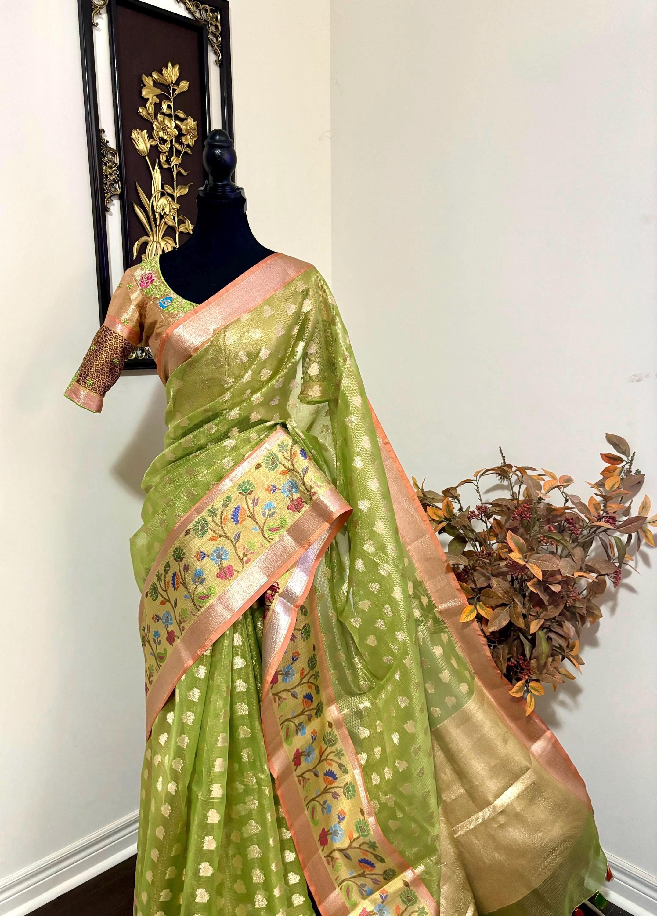 Beautiful Tissue Zari Kota saree with pythani  Zari boardes and beautifully done blouse paired up with pretty blouse fits up to 32 to 46