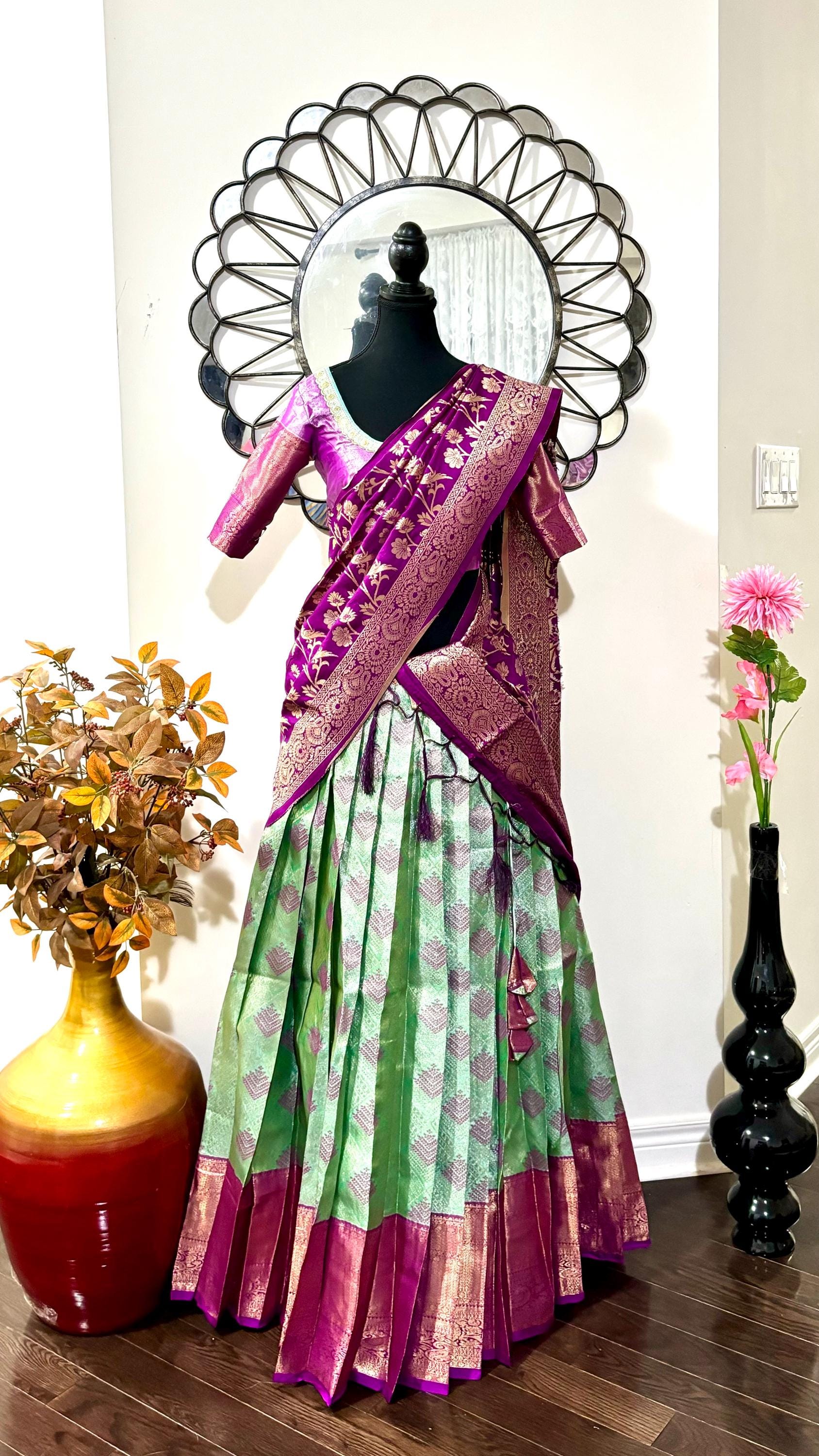 Beautiful colors Kanchi pattu Lihanga with beautiful Kanchi boarder is made of Handloom cloths ready with ready to wear blouse sizes 32 - 48