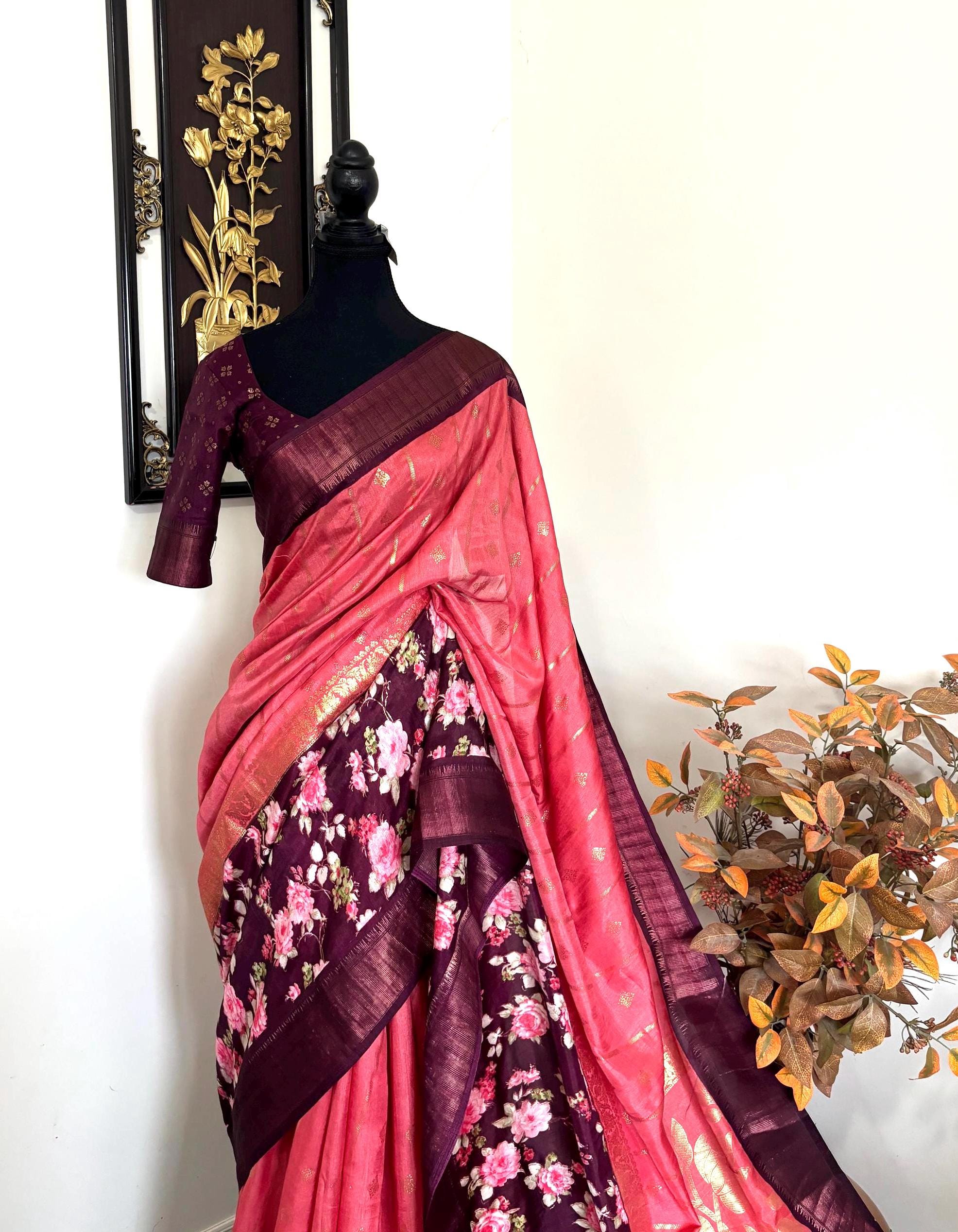 Light weight easy to drape Soft Silk fancy Saree; with beautiful pythani boarder, with Pochampalli design ready to wear Blouse fits 32-46