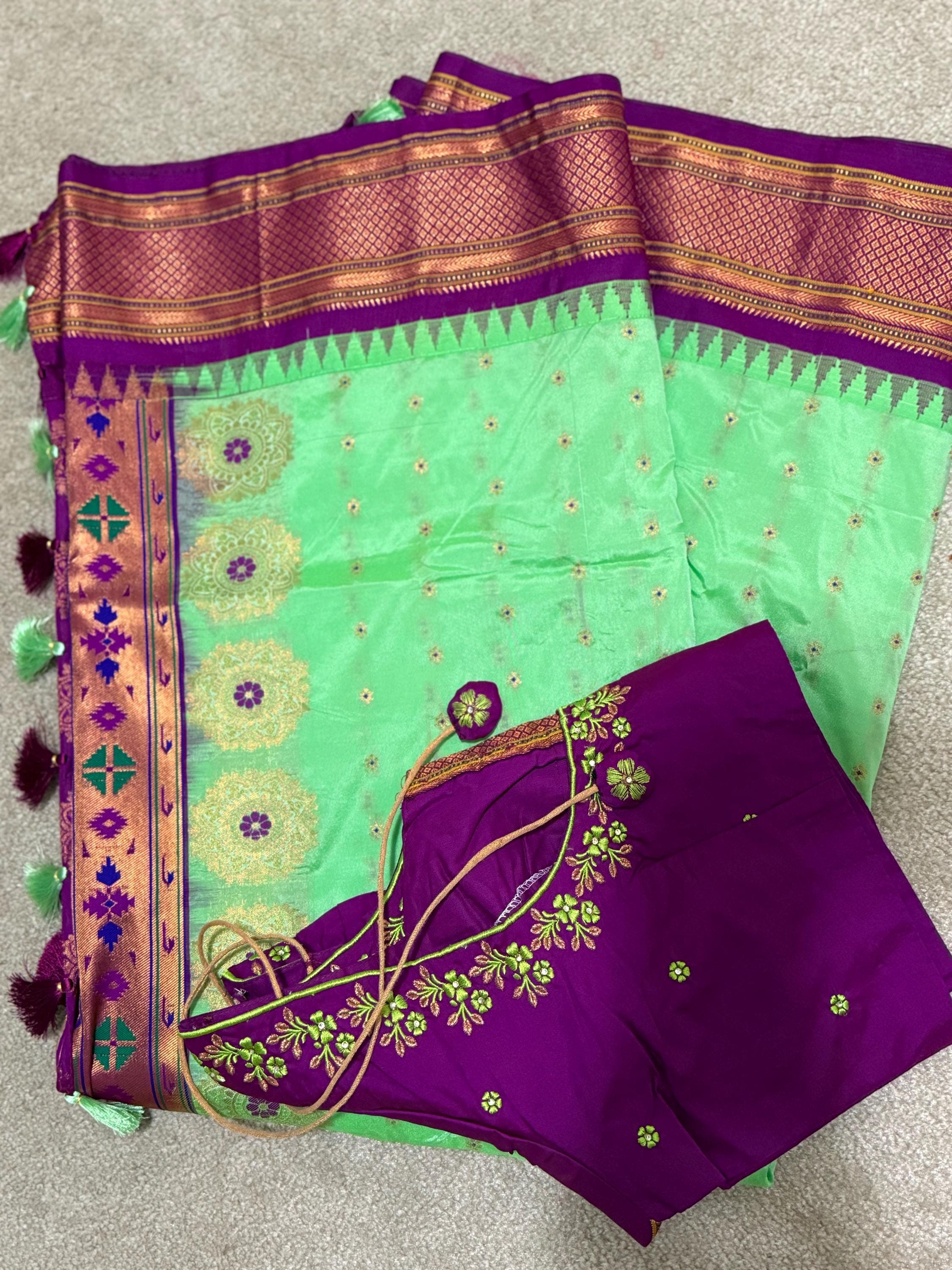 Gadwal Handloom pure silk sarees in rare colors and ready to wear blouse with embroidered blouse fits up to 32 -46 saree is ready fall pico