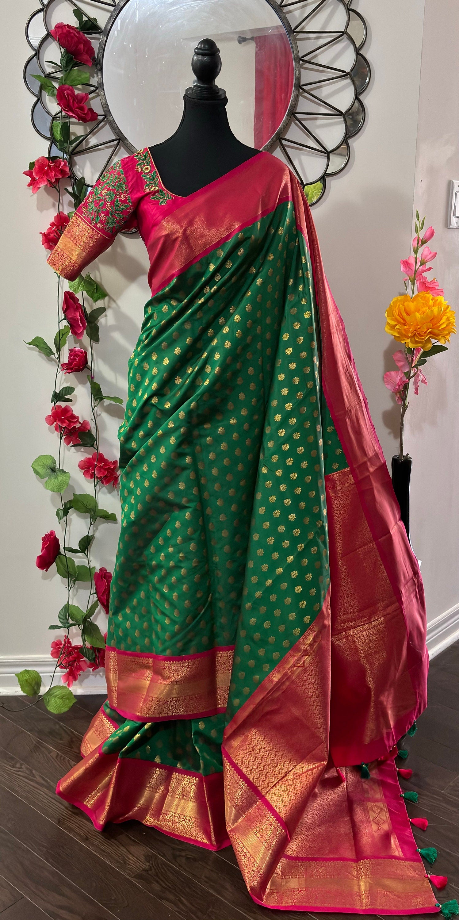 Kanchipuram soft silk saree in rarecolors with beautifully done hand  made embroidered blouse with readytowear work blouse fitsup to32 to 46