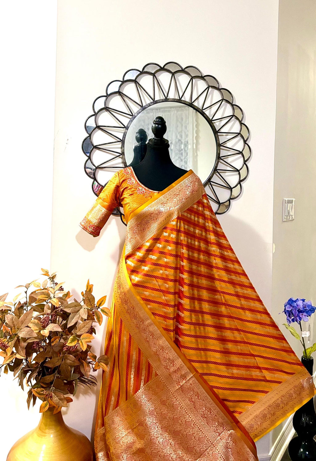 Pure silk  banarasi silk saree paired up with beautiful embroidery blouse fits to 32 to 46 in beautiful rare colors all over jaal. Cocktails