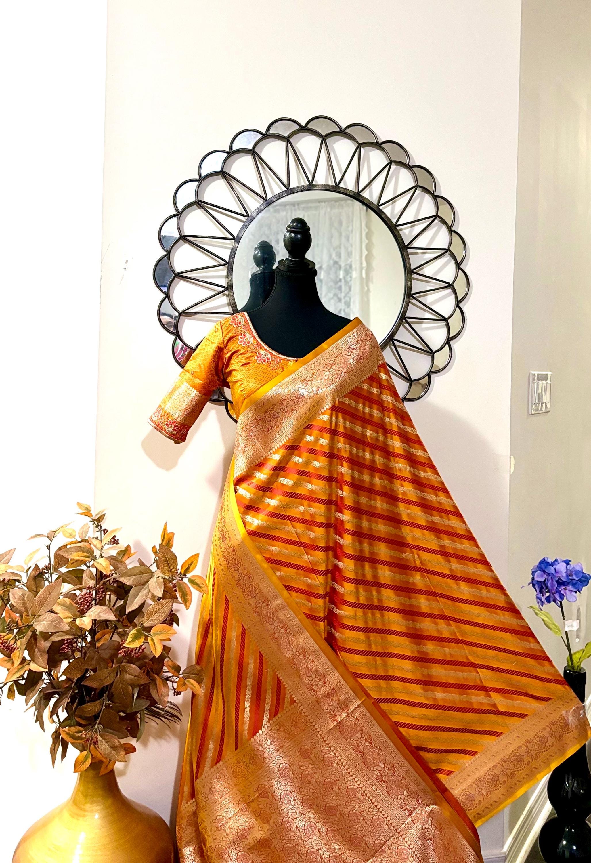 Pure silk  banarasi silk saree paired up with beautiful embroidery blouse fits to 32 to 46 in beautiful rare colors all over jaal. Cocktails