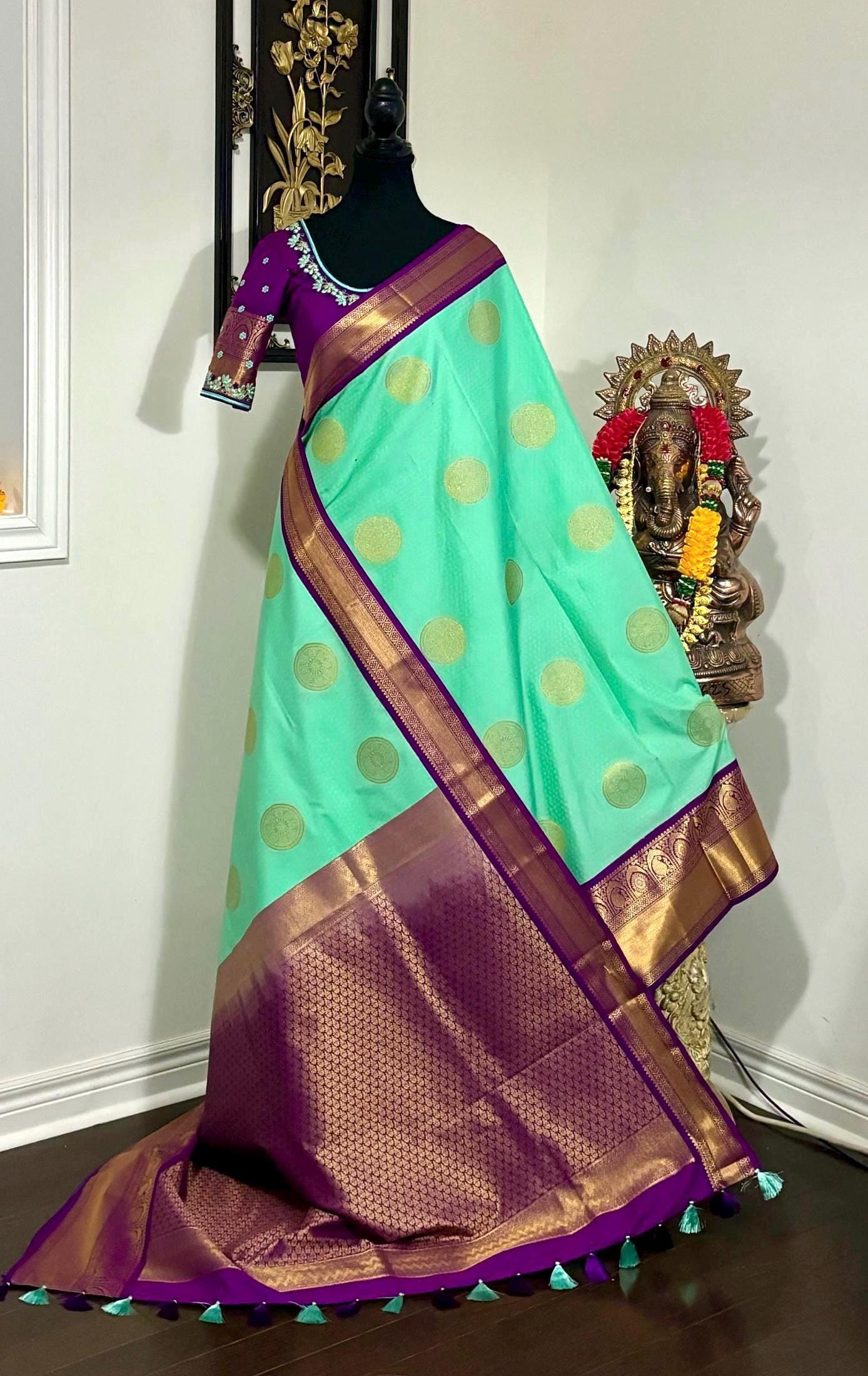 Kanchipuram soft silk saree in rare colors with beautifully done hand  made embroidered blouse with ready to wear work blouse fits 32 to 46