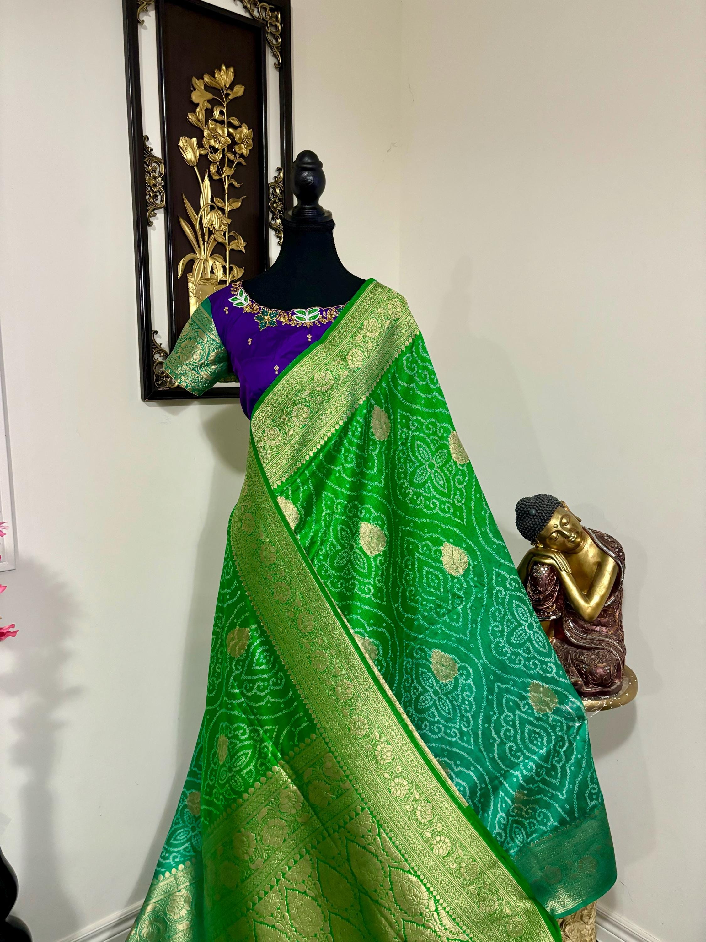Beautiful cocktail dual shade banarasi  bandhini silk saree paired up pretty maggam blouse fits  sizes 32 -46 ready to wear prettiest blouse