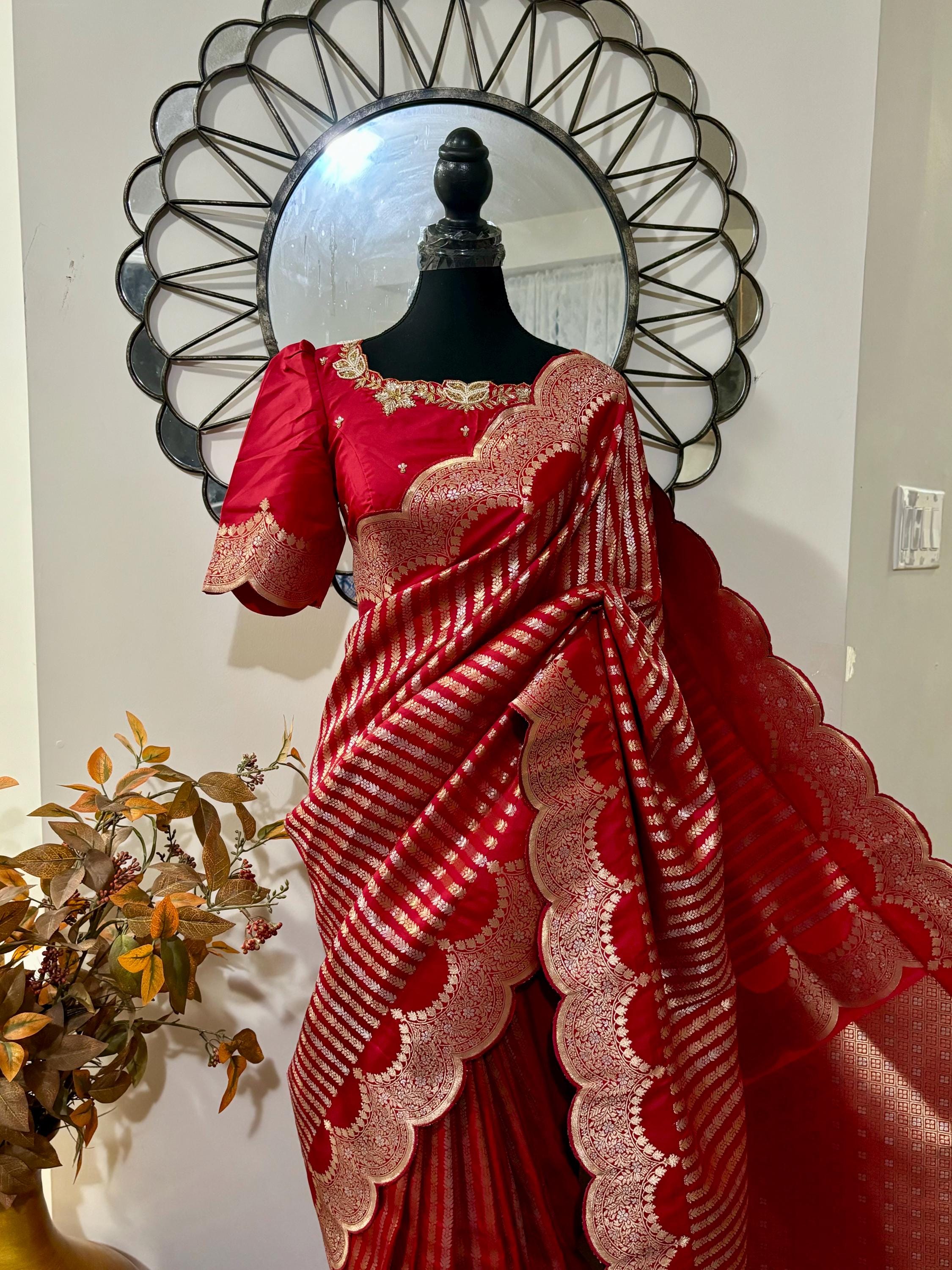 Beautiful Banarasi kataan silk  saree paired up with pretty Maggam work blouse. Blouse sizes can be customized.