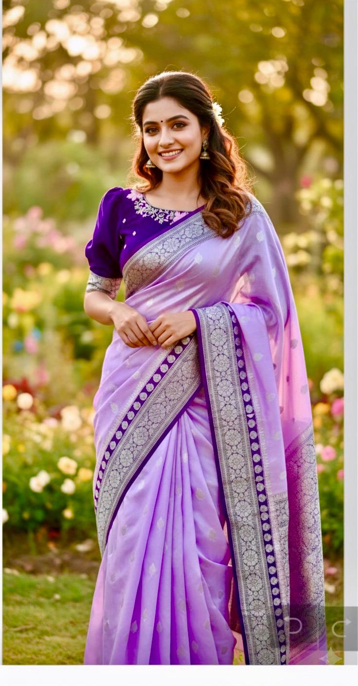 Beautiful banarasi saree paired up with pretty maggam work blouse.