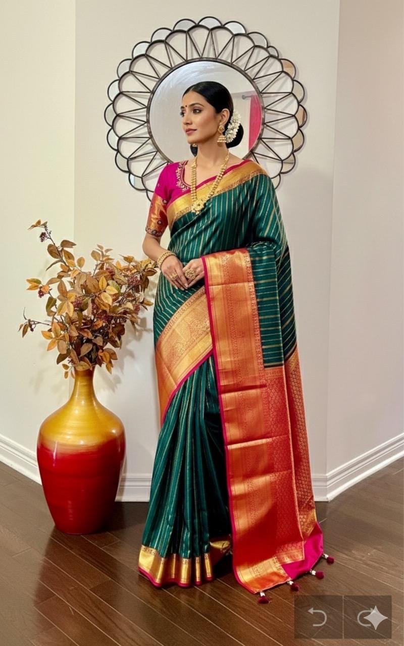 Kanchipuram soft silk saree in rarecolors with beautifully done hand  made embroidered blouse with readytowear work blouse fitsup to32 to 46