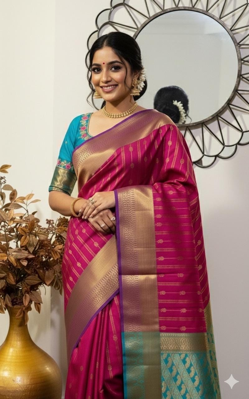 Kanchipuram soft silk saree in rarecolors with beautifully done hand  made embroidered blouse with readytowear work blouse fitsup to32 to 46