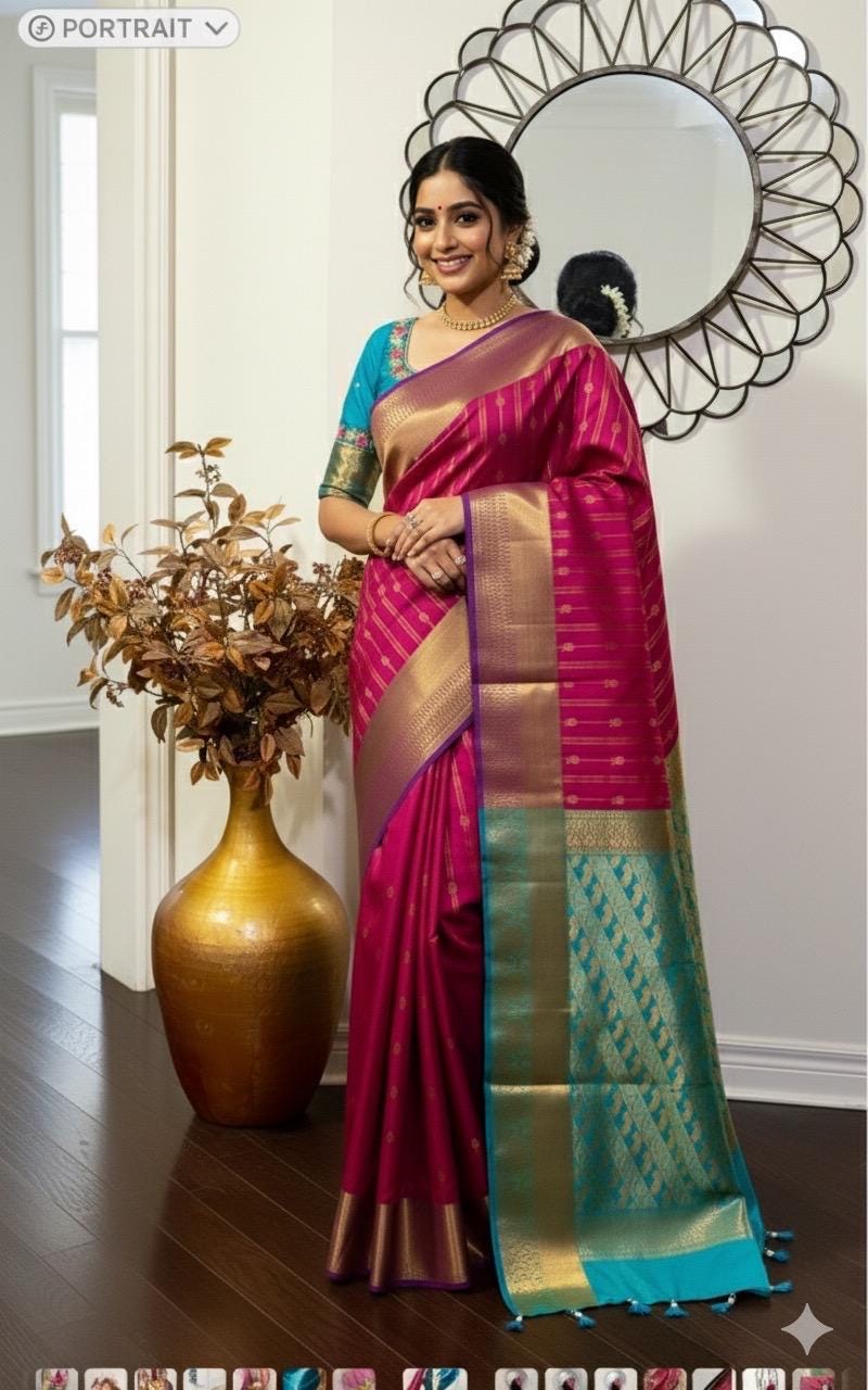 Kanchipuram soft silk saree in rarecolors with beautifully done hand  made embroidered blouse with readytowear work blouse fitsup to32 to 46