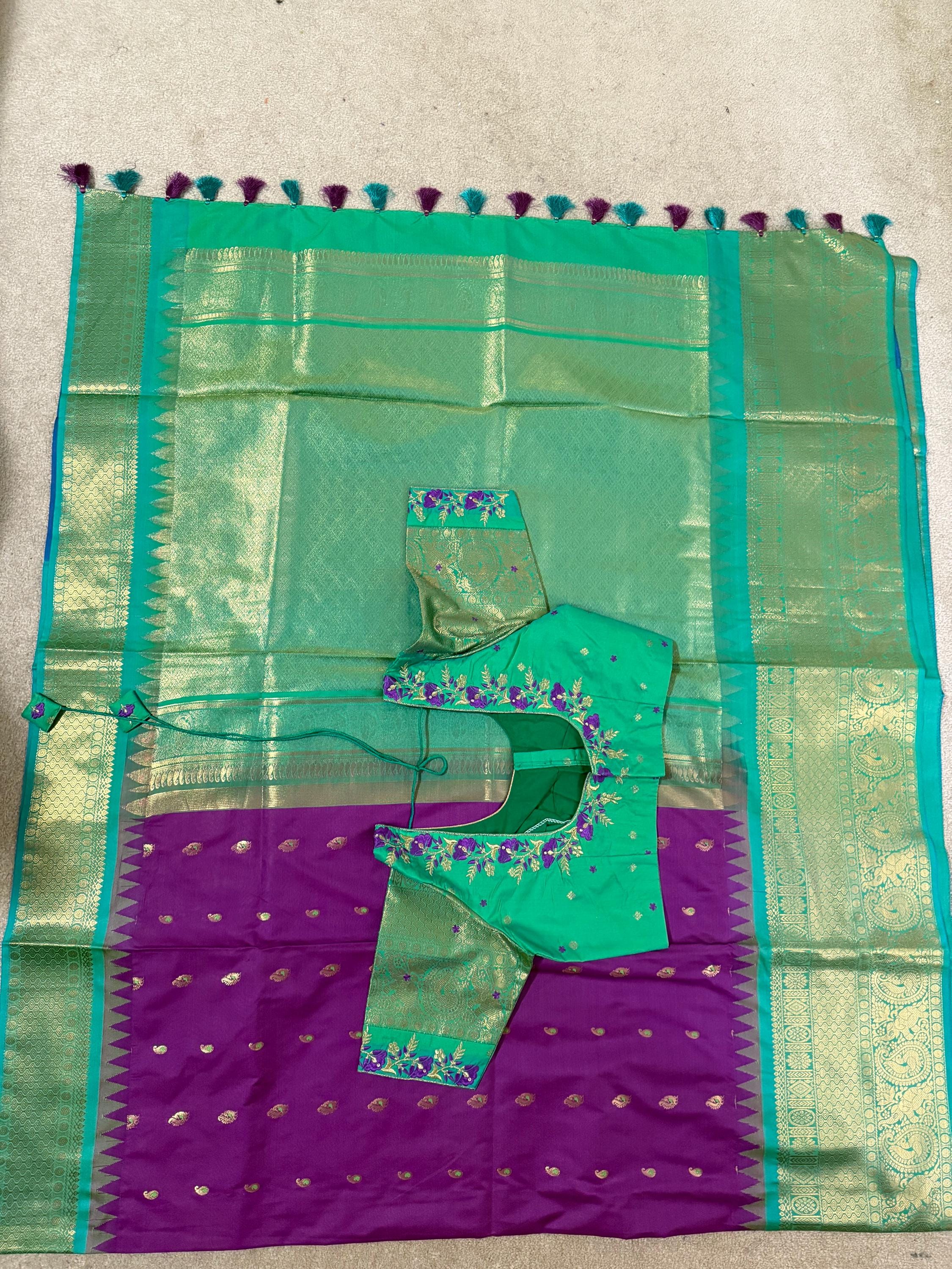 Gadwal Handloom pure silk sarees in rare colors and ready to wear blouse with embroidered blouse fits up to 32 -46 saree is ready fall pico