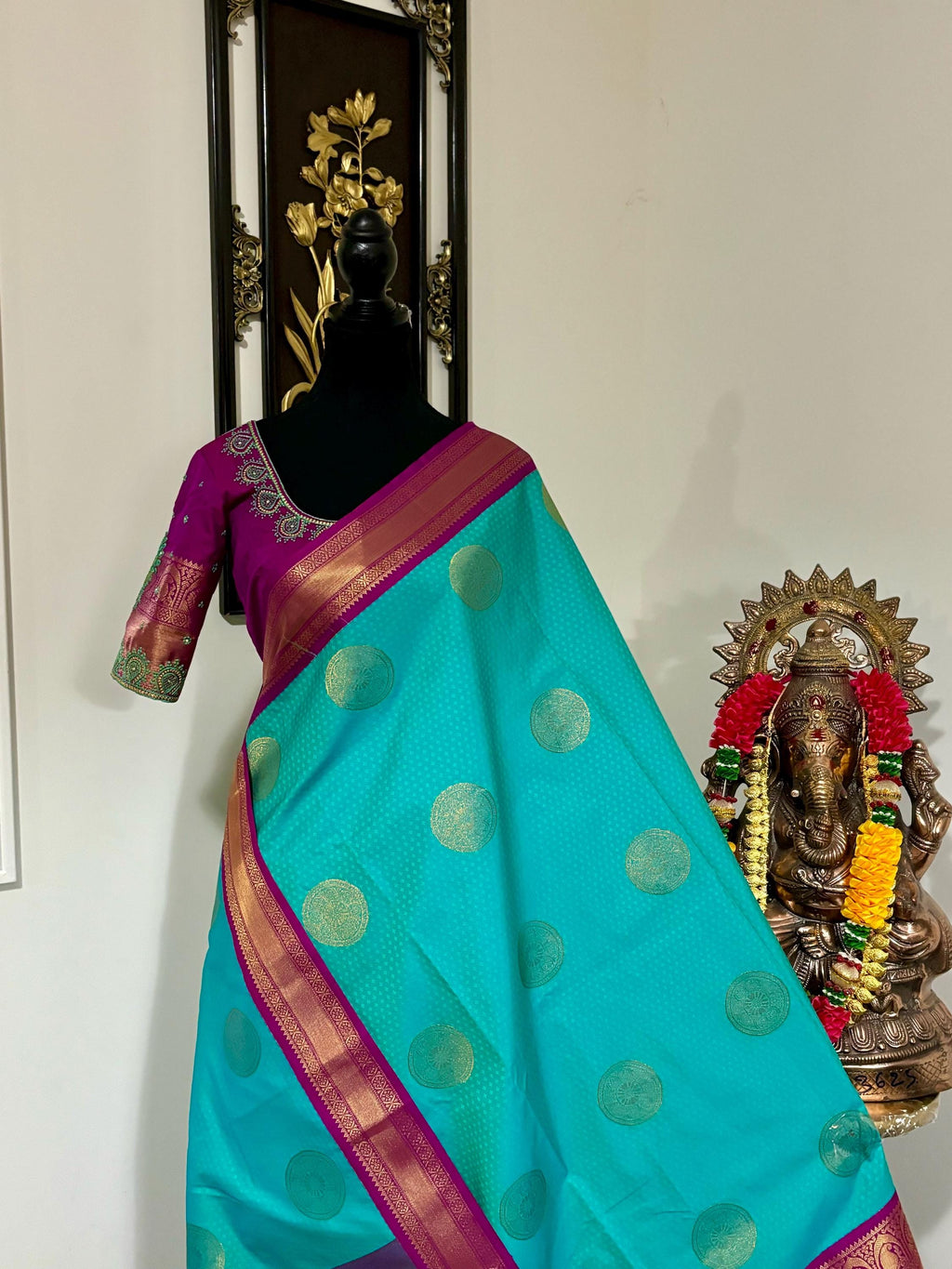 Kanchipuram soft silk saree in rare colors with beautifully done hand  made embroidered blouse with ready to wear work blouse fits 32 to 46