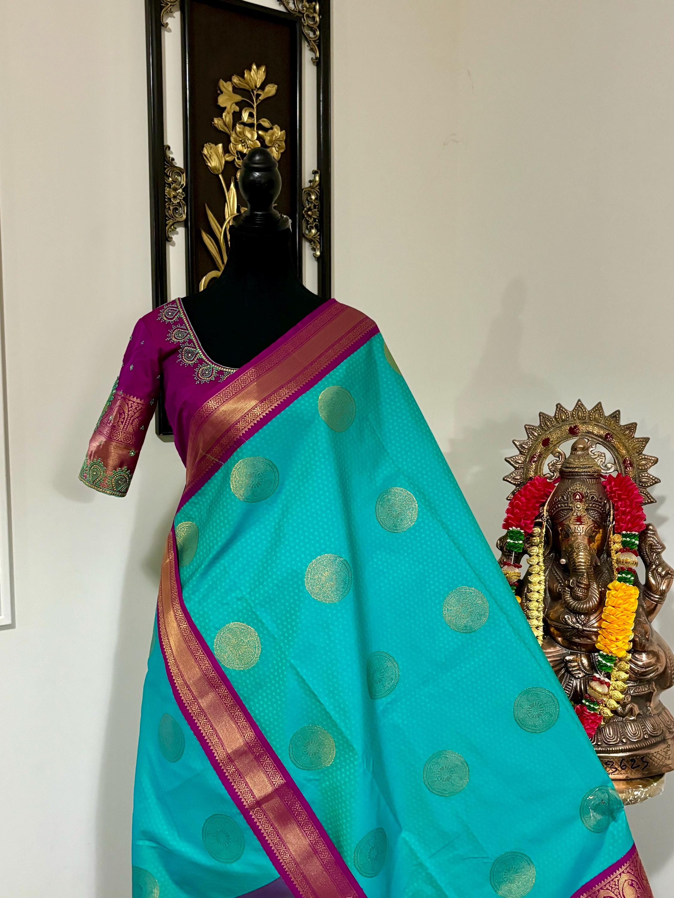 Kanchipuram soft silk saree in rare colors with beautifully done hand  made embroidered blouse with ready to wear work blouse fits 32 to 46