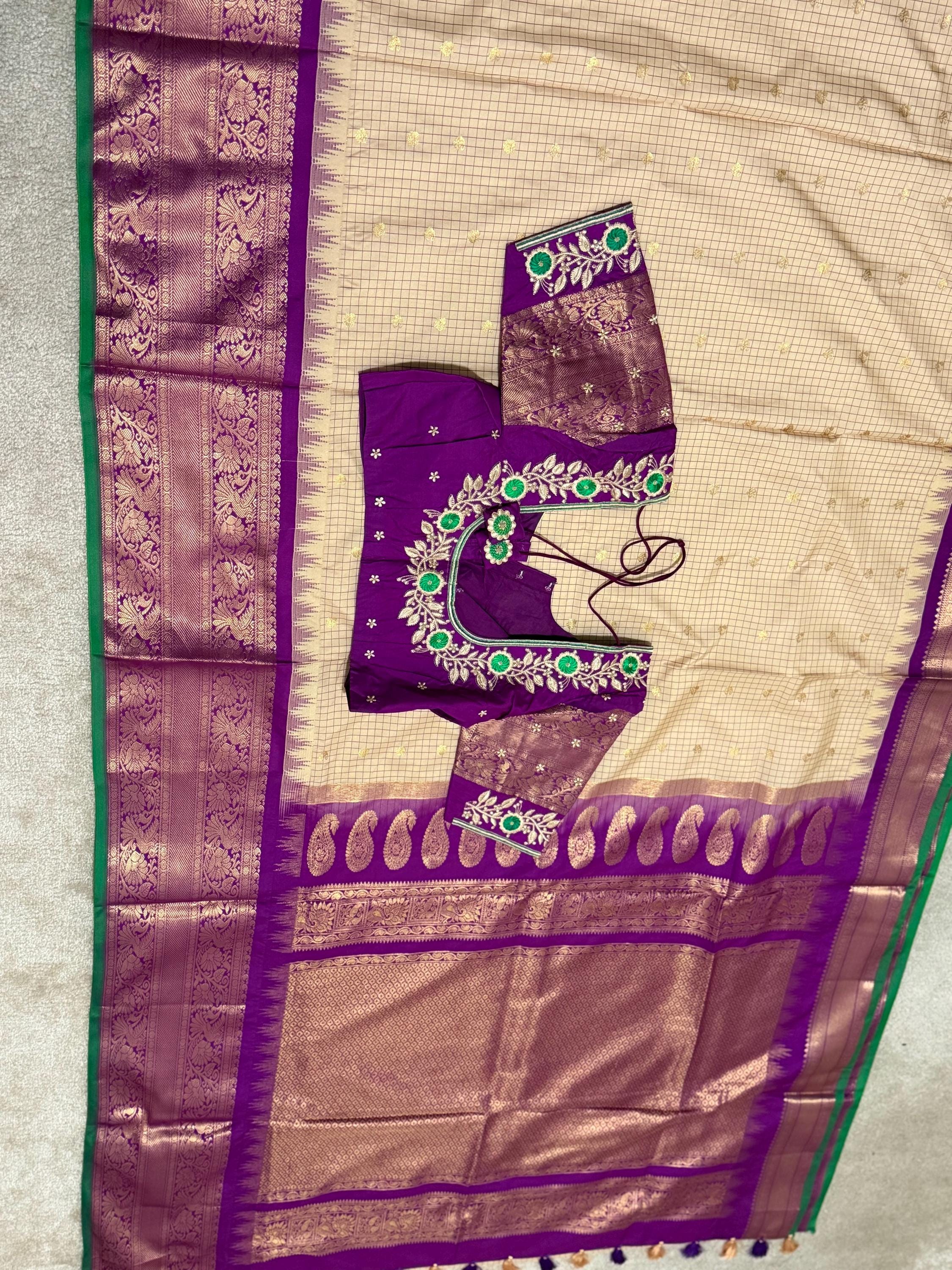 Gadwal Handloom pure silk sarees in rare colors and ready to wear blouse with embroidered blouse fits up to 32 -46 saree is ready fall pico