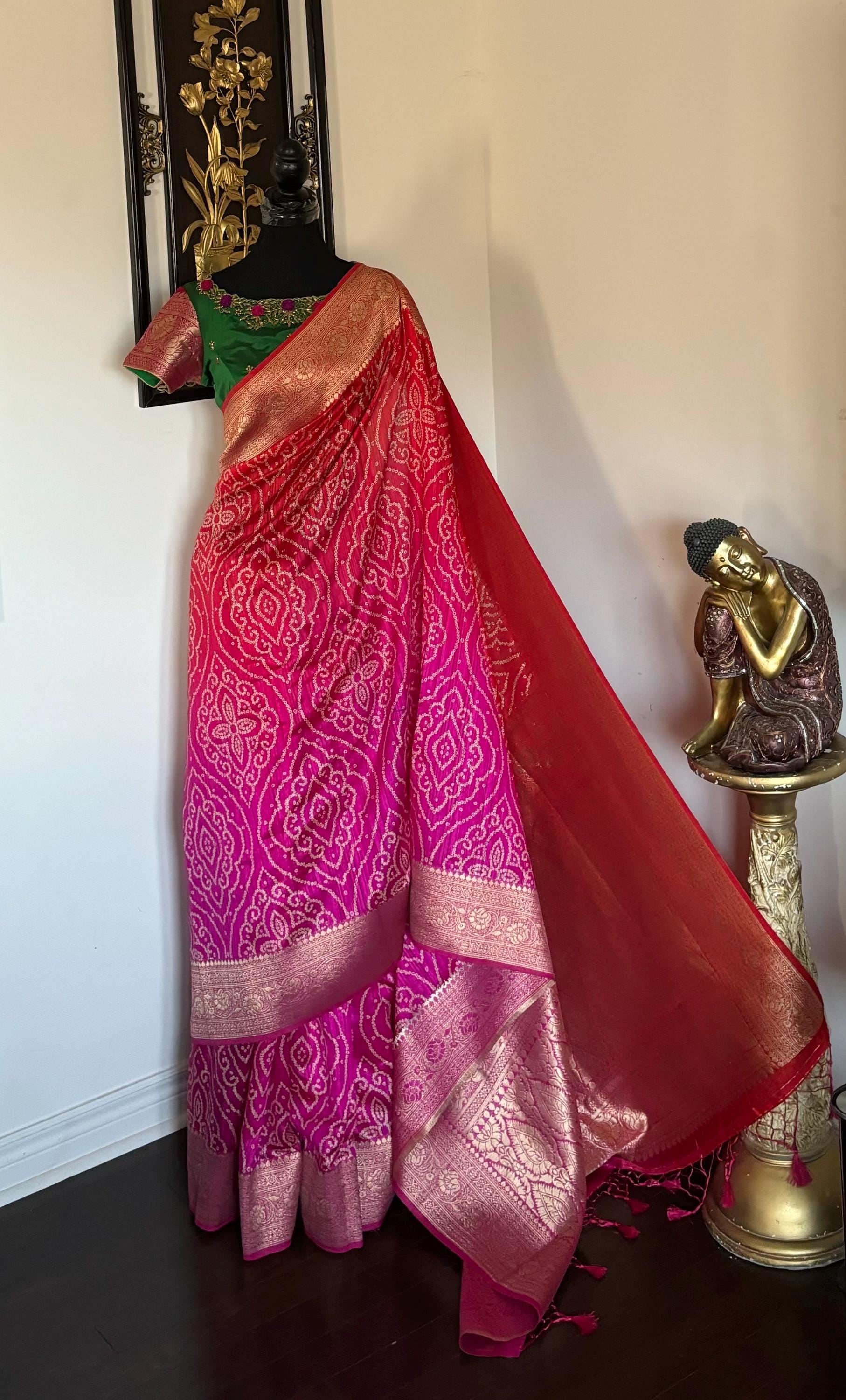 Beautiful cocktail dual shade banarasi  bandhini silk saree paired up pretty maggam blouse fits  sizes 32 -46 ready to wear prettiest blouse