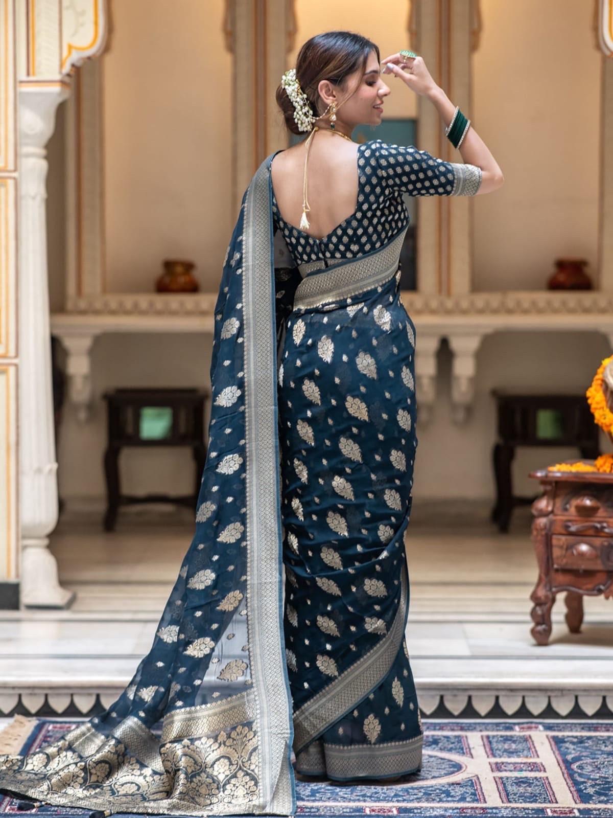 Banarasi handloom khadi georgette soft and falling saree all over beautiful water zari weaving work Any color possible ready to wear blouse
