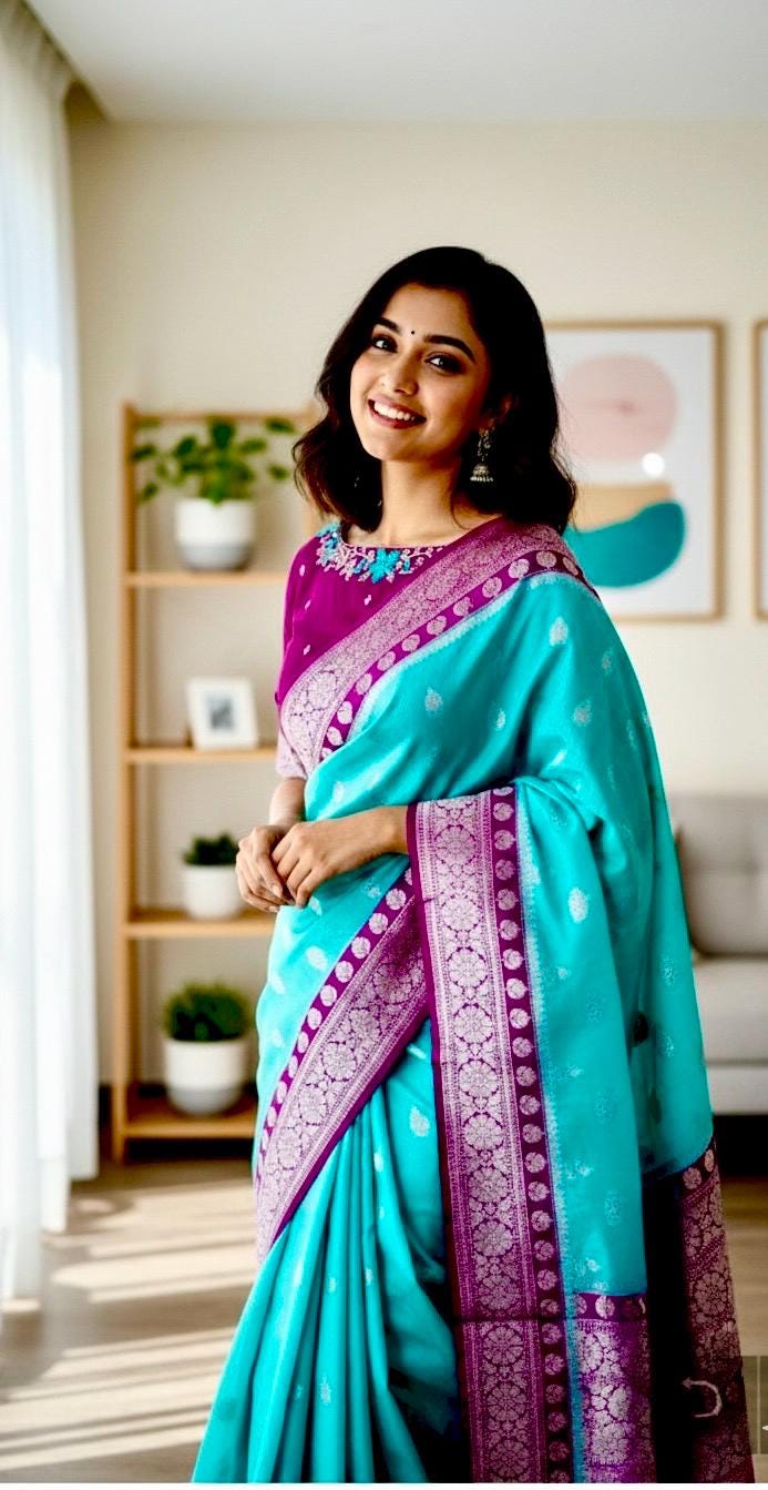 Beautiful banarasi saree paired up with pretty maggam work blouse.