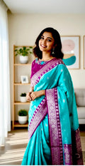 Beautiful banarasi saree paired up with pretty maggam work blouse.
