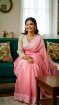 Beautiful shimmer georgett handloom georgette silk saree all over beautiful pearl and thread  weaving and beautiful boarder ready blouse