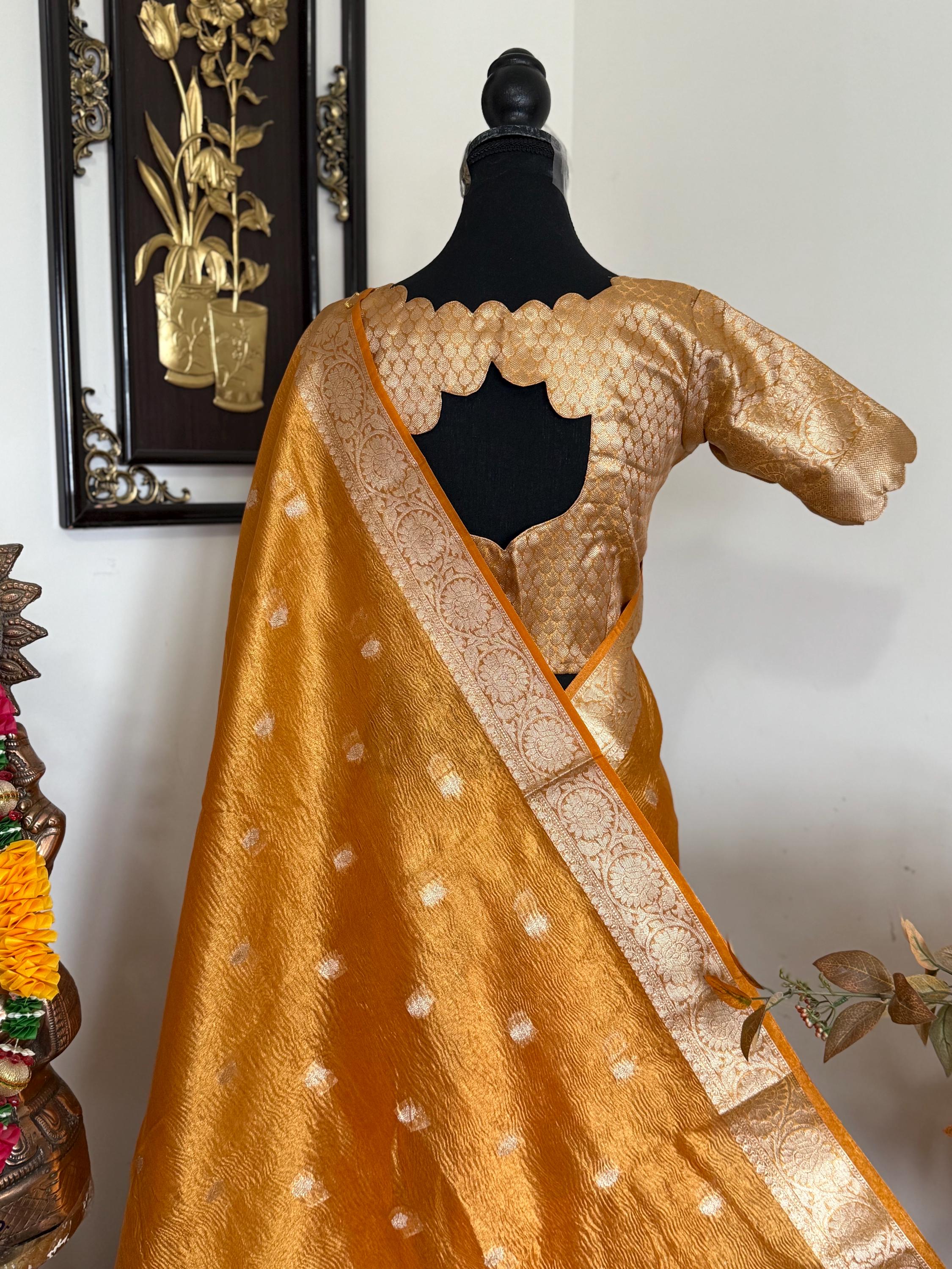Beautiful party wear cocktail pure silk  banarasi crush tissue  saree paired up with pretty designer Blouse fits 32-46