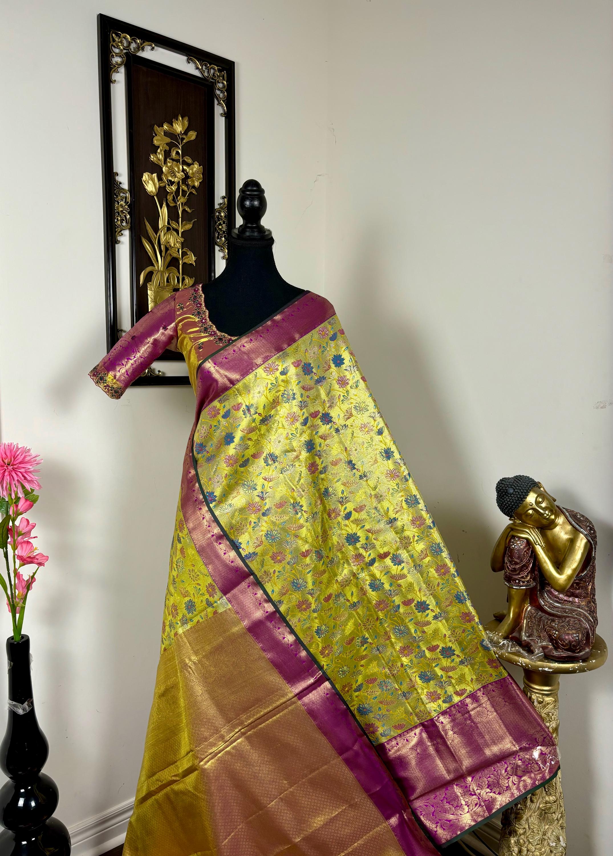 Kanchipuram tissu silk saree in rare colors with beautifully done hand  made embroidered blouse with ready to wear work blouse fits 32 to 46