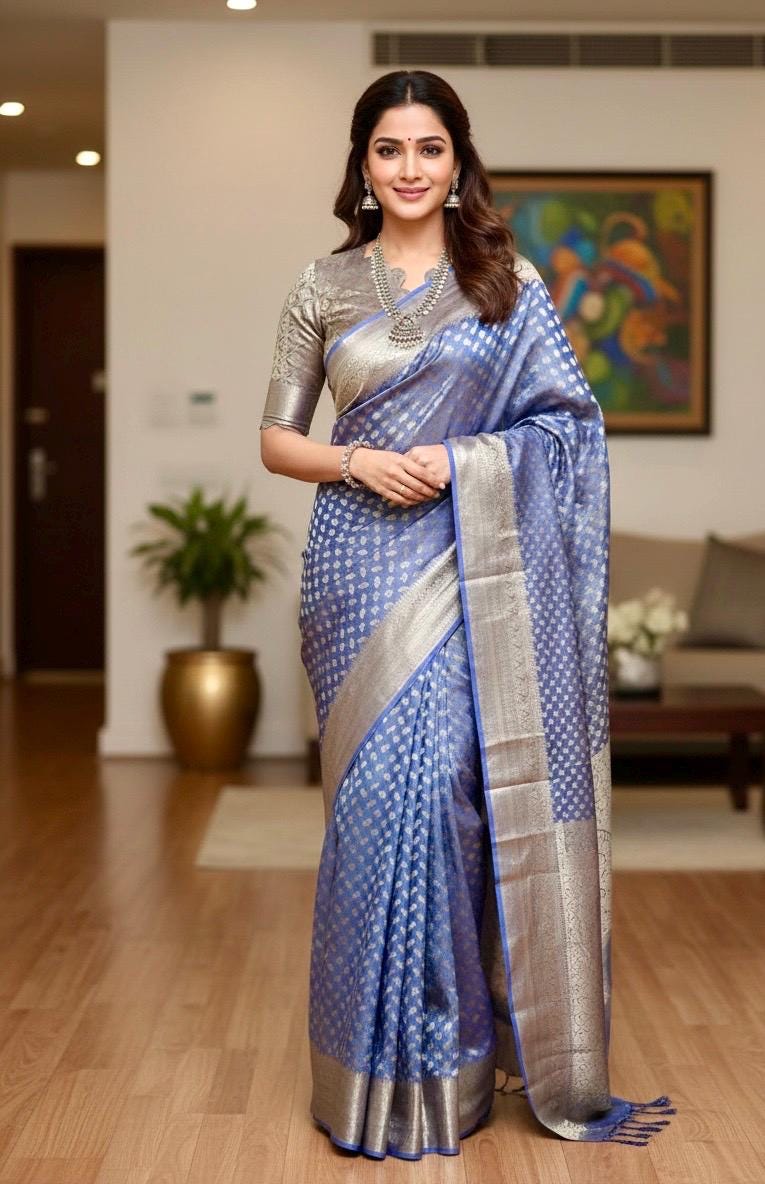 Beautiful party wear cocktail pure silk  banarasi crush tissue  saree paired up with pretty designer Blouse fits 32-46