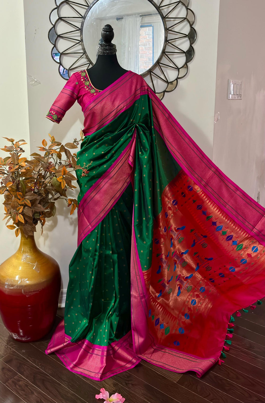 Beautiful pythani pure silk saree with   ready to wear beautiful  work blouse fits up to 32 to 46  purple  color, saree is ready to wear