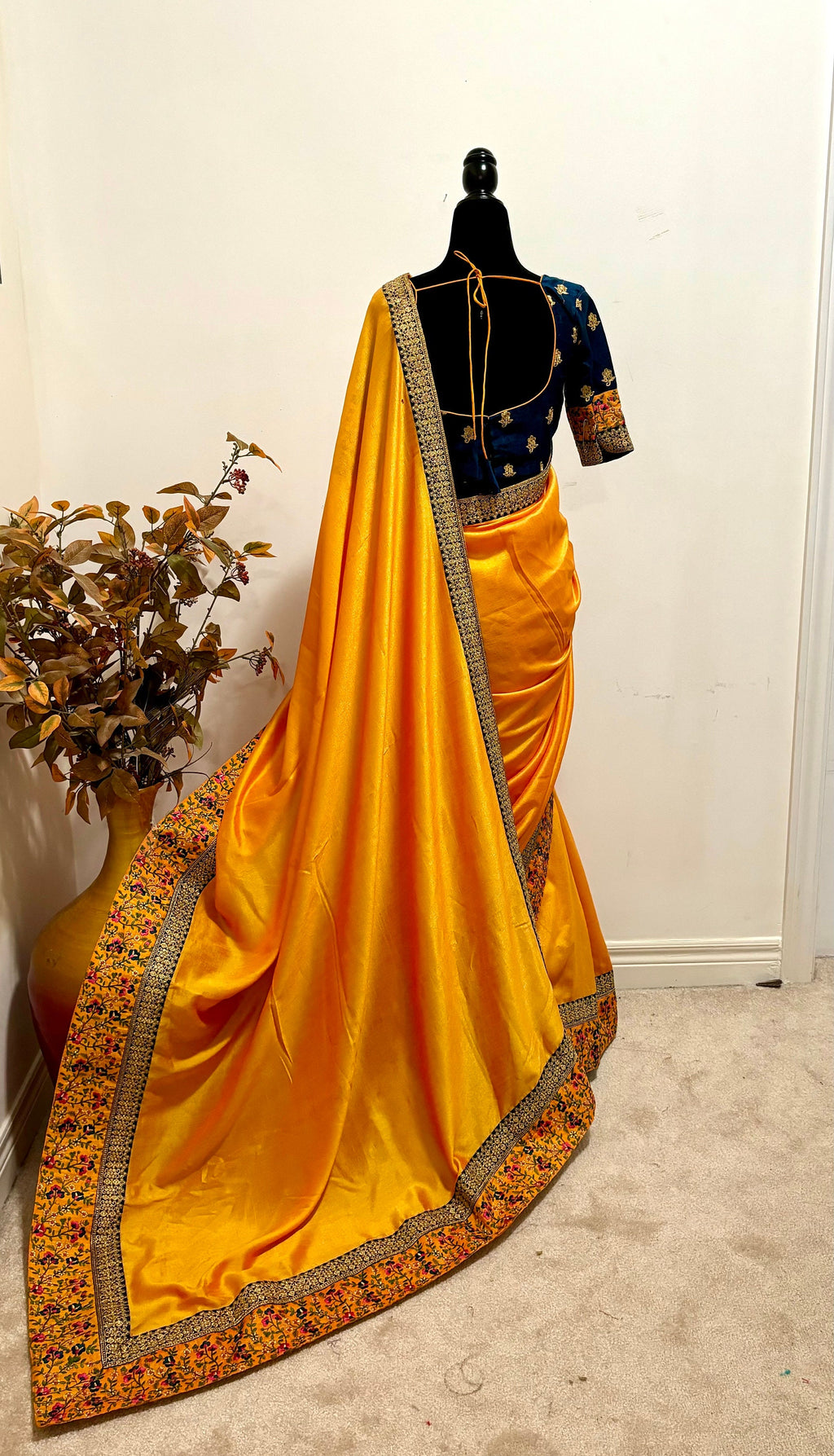 Designer soft Crape  silk Saree with beautiful work boarder / ready to wear Maggam work blouse fits to 32 to 46 .Saree is ready fall andpico