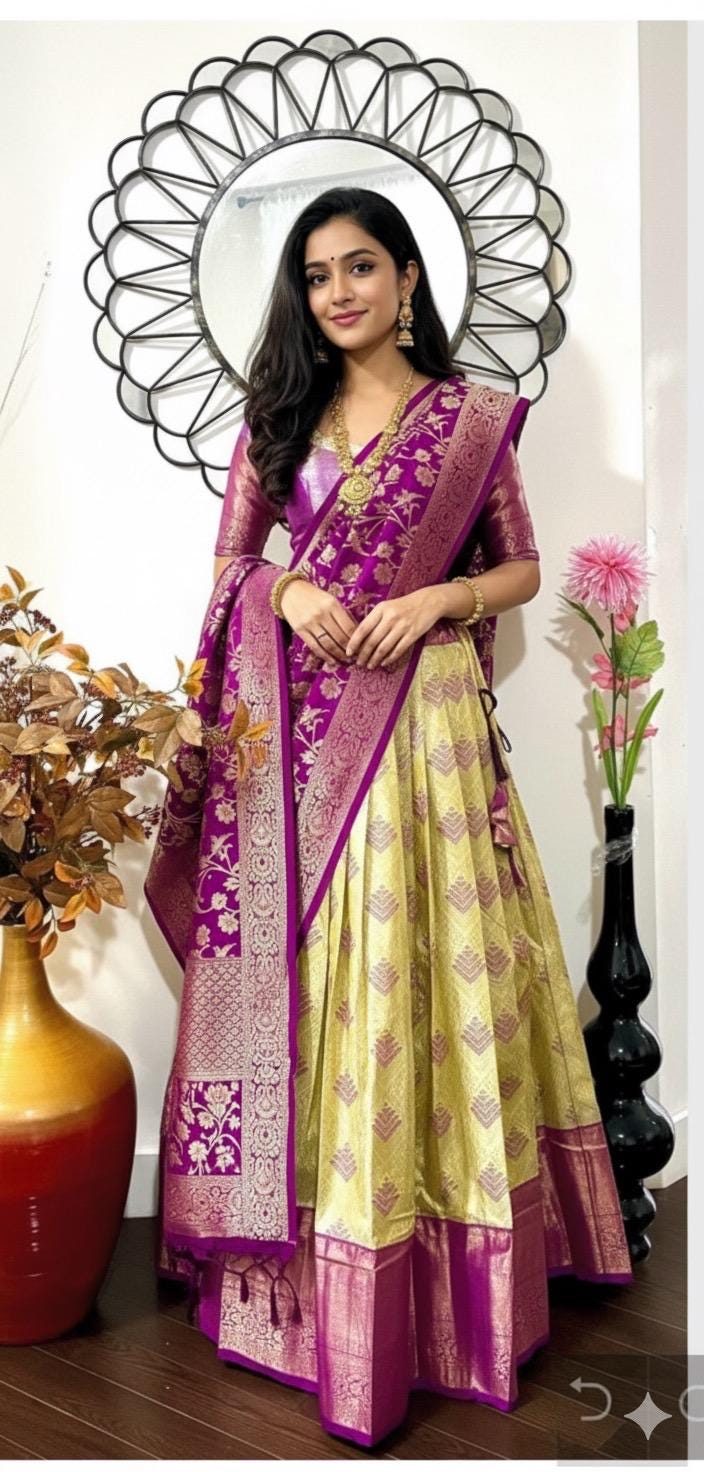 Beautiful colors Kanchi pattu Lihanga with beautiful Kanchi boarder is made of Handloom cloths ready with ready to wear blouse sizes 32 - 48