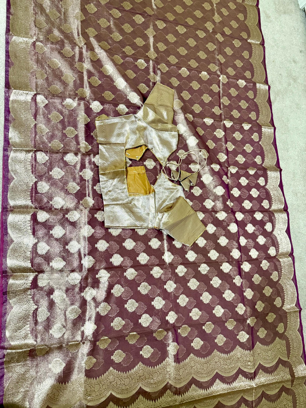 Beautiful party wear cocktail pure silk  banarasi  tissue  saree paired up with pretty designer Blouse fits 32-46