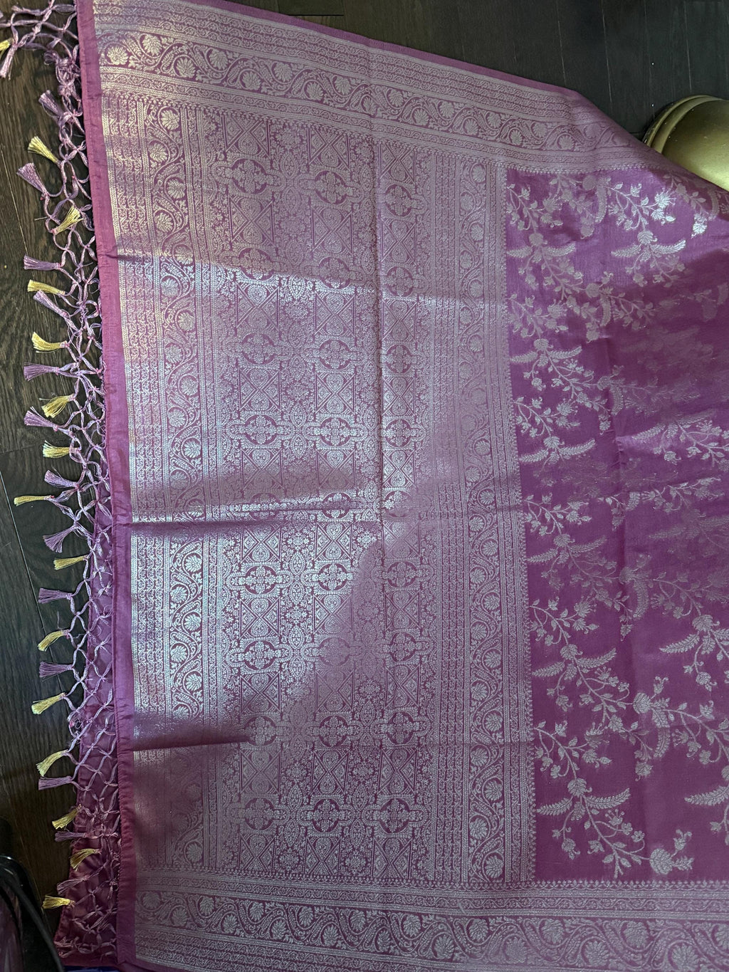 Beautiful banarasi saree with silver Zari weaving all over the saree paired up with pretty ready to wear  blouse that fits to 32 to 46