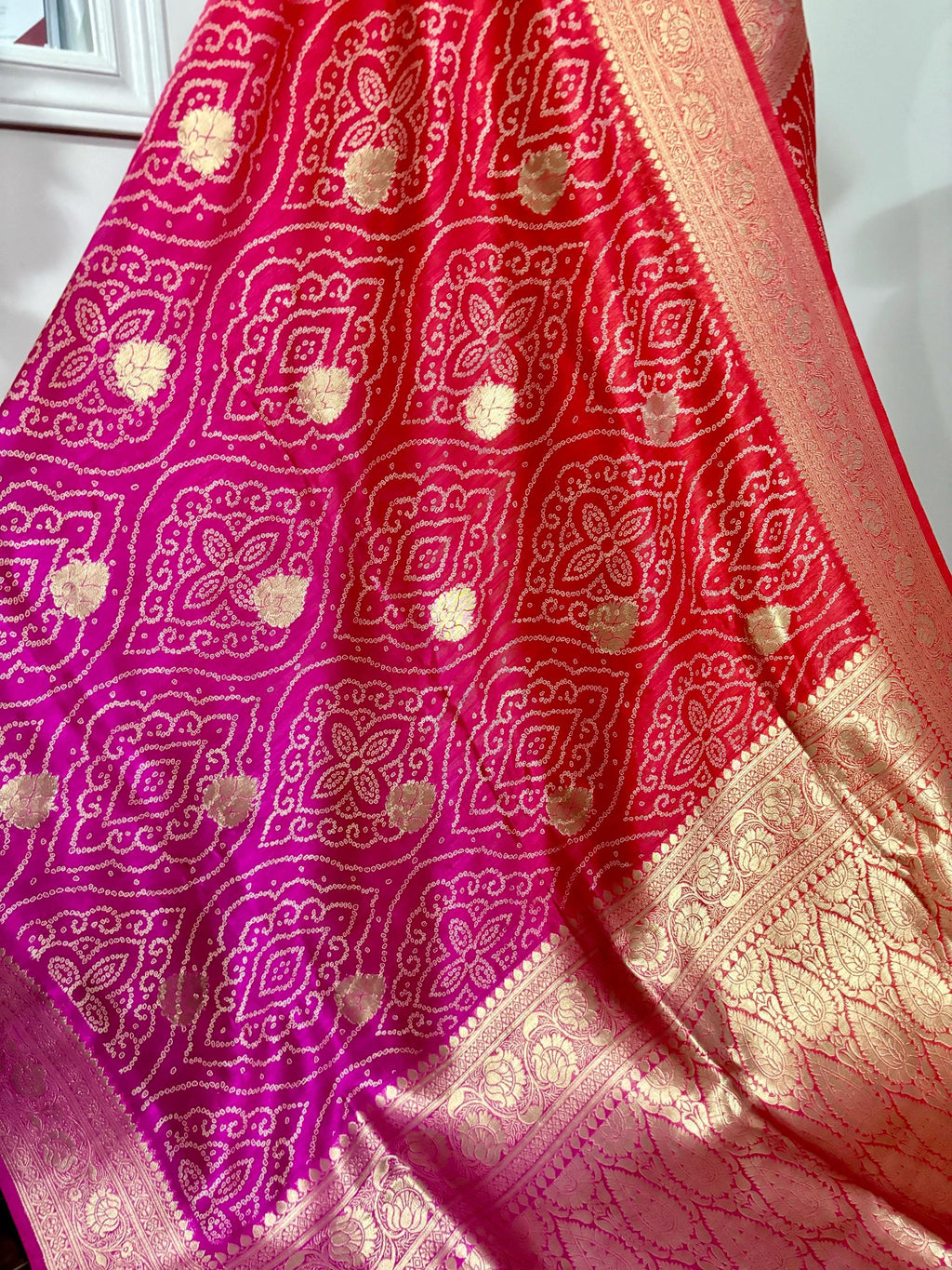 Beautiful cocktail dual shade  bandini silk saree paired up pretty maggam blouse fits  sizes 32 -46 ready to wear prettiest blouse