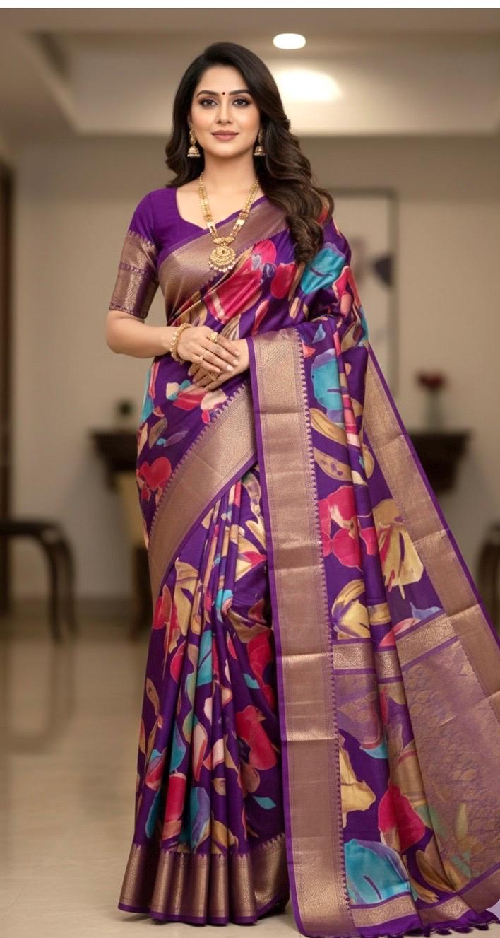 Light weight easy to drape Soft Silk fancy Saree; with beautiful digital floral prints  with Zari boarders ready to wear Blouse fits 32-46