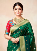 Beautiful pythani pure silk saree with   ready to wear beautiful  work blouse fits up to 32 to 46 Bottle green color, saree is ready to wear