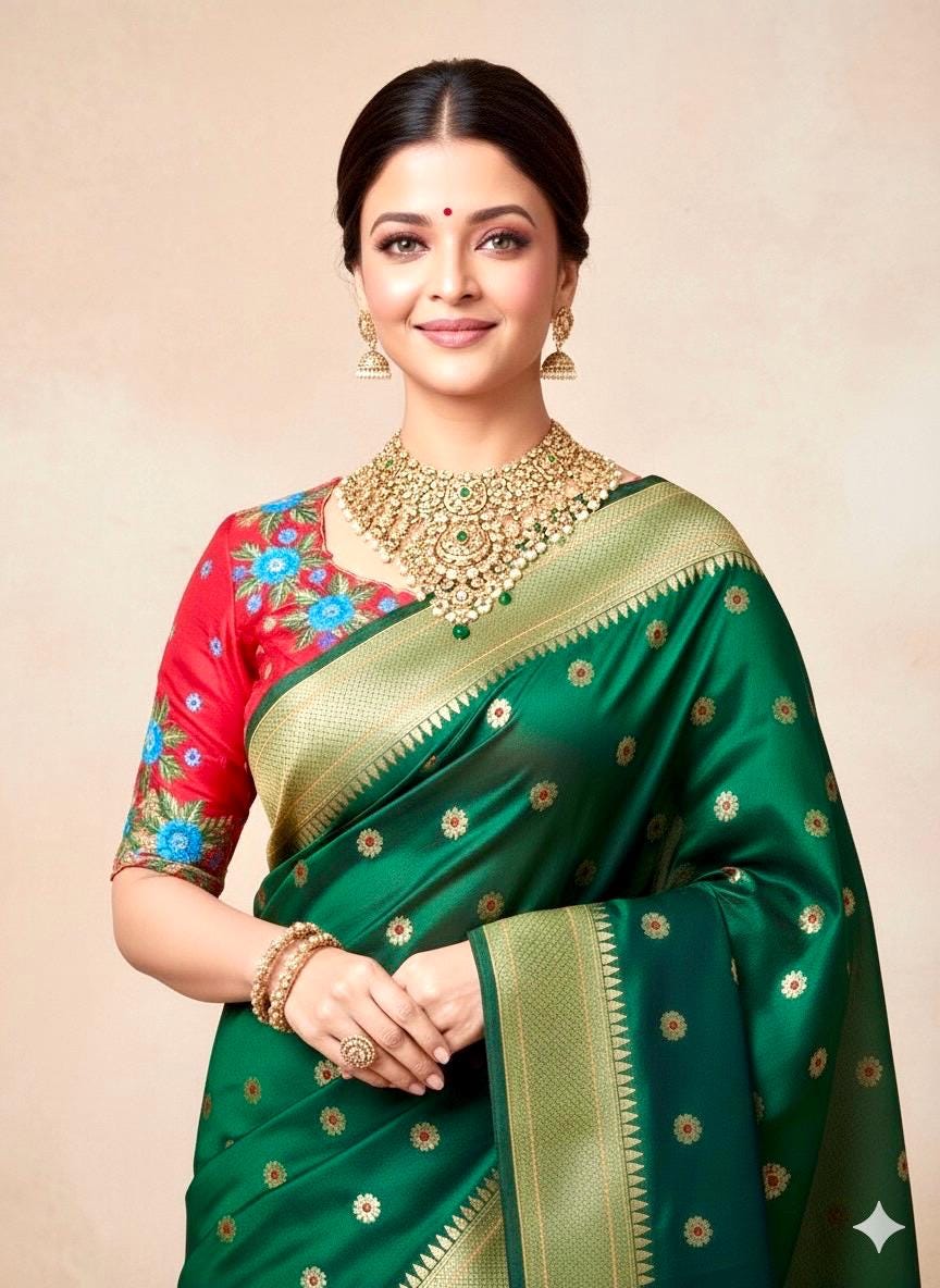 Beautiful pythani pure silk saree with   ready to wear beautiful  work blouse fits up to 32 to 46 Bottle green color, saree is ready to wear