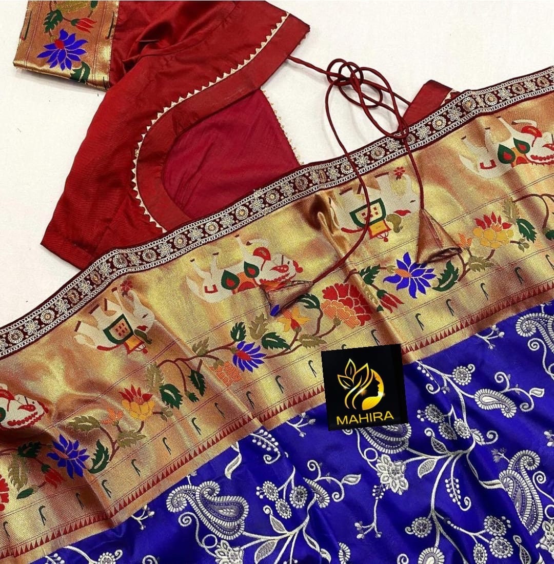 Beautiful soft paithani silk saree with all over zari weaving along with contrast munia border and pretty sequins lace border
