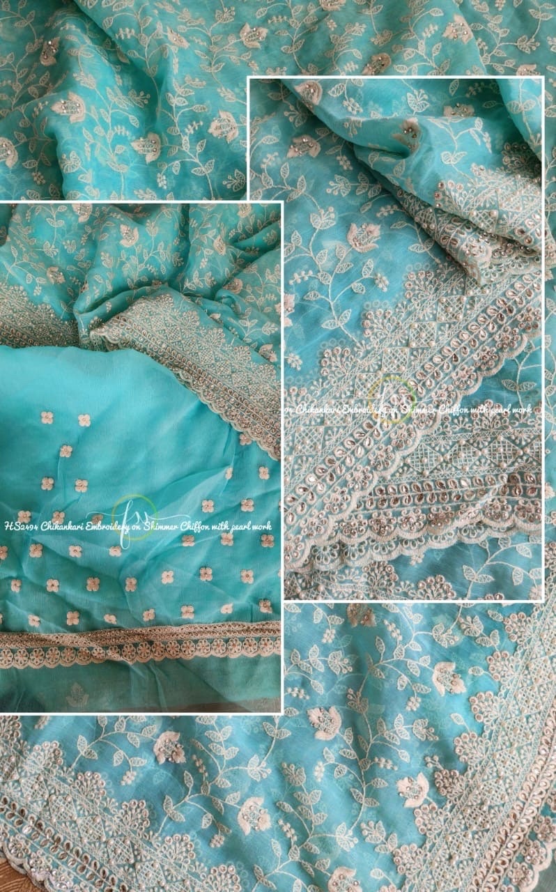 Stunning shimmer georgette saree with Chikenkari work ask seller for availability before placing the order