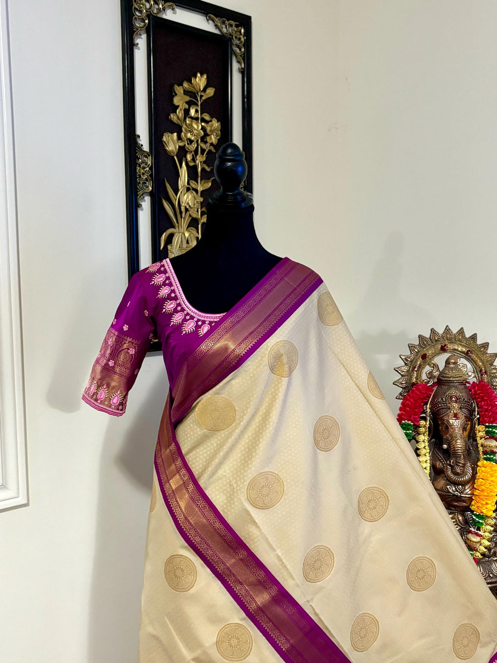 Kanchipuram soft silk saree in rare colors with beautifully done hand  made embroidered blouse with ready to wear work blouse fits 32 to 46