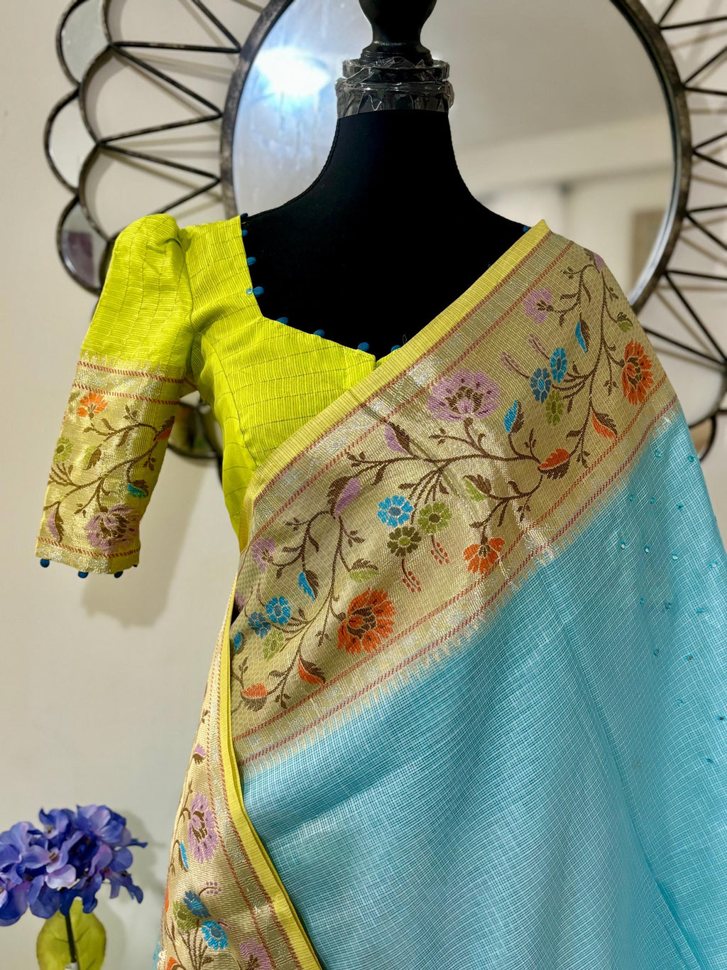 Beautiful Tissue Zari Kota saree with pythani Zari boardes and beautifully done work blouse paired up with pretty blouse fits up to 32 to 46