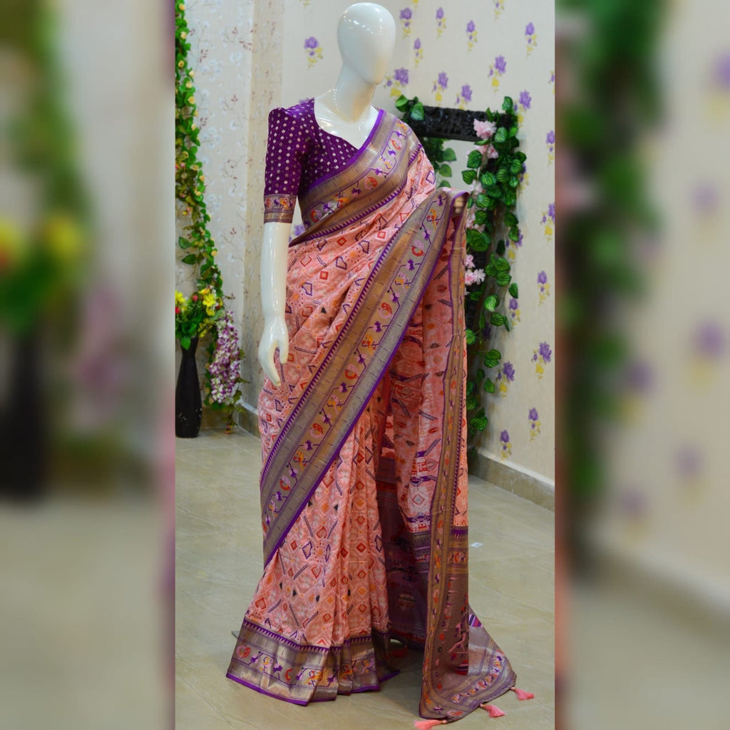 Beautiful patola paithani saree paired up with pretty banaras weaving blouse