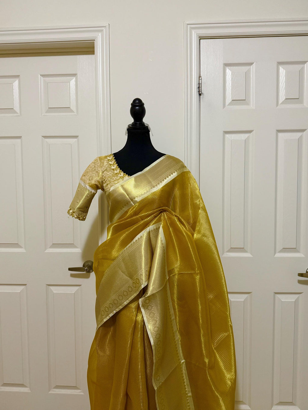 Bangalore silk golden saree with self weaving zari lines on all over with beautifully done work blouse fits 32 to 46