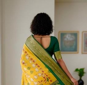 Beautiful Pichwai Kalamkari Prints soft silk saree with Kanchi boarder lotus and cow  prints Saree is ready with blouse and fall and pico