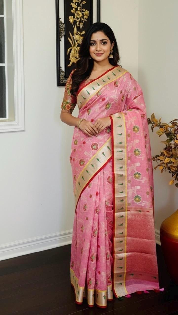 Beautiful Tissue Zari Kota saree with pythani  Zari boardes and beautifully done blouse paired up with pretty blouse fits up to 32 to 46