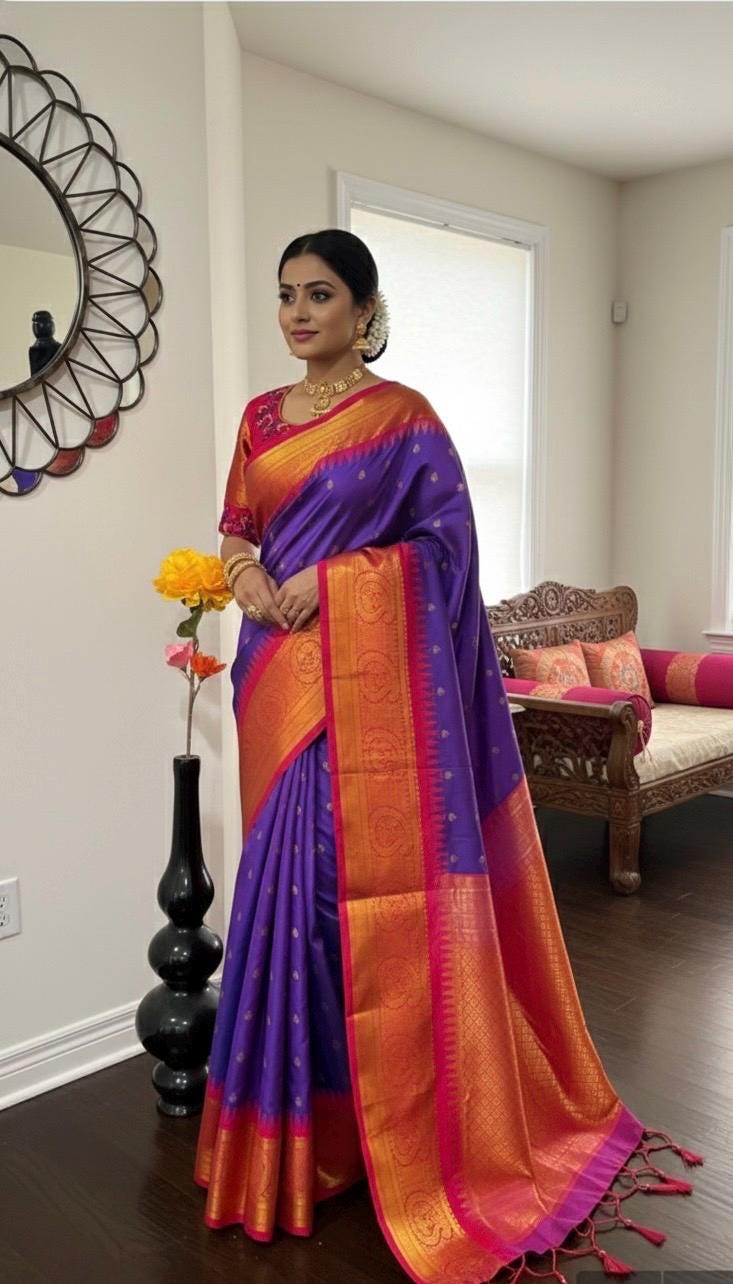 Gadwal  fancy powerloom pure silk sarees ready to wear blouse with embroidered blouse fits up to 32 -46 saree is ready fall pico